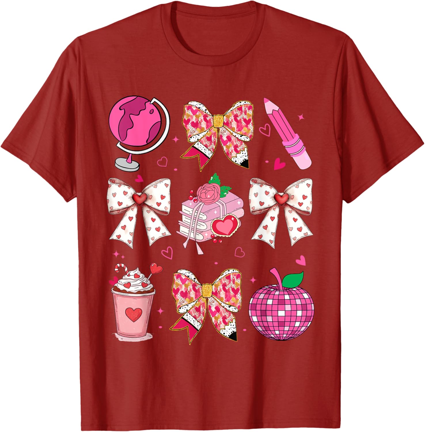 Valentine's Day Heart Bow T-Shirt for Teachers with Disco Ball Charm - 9