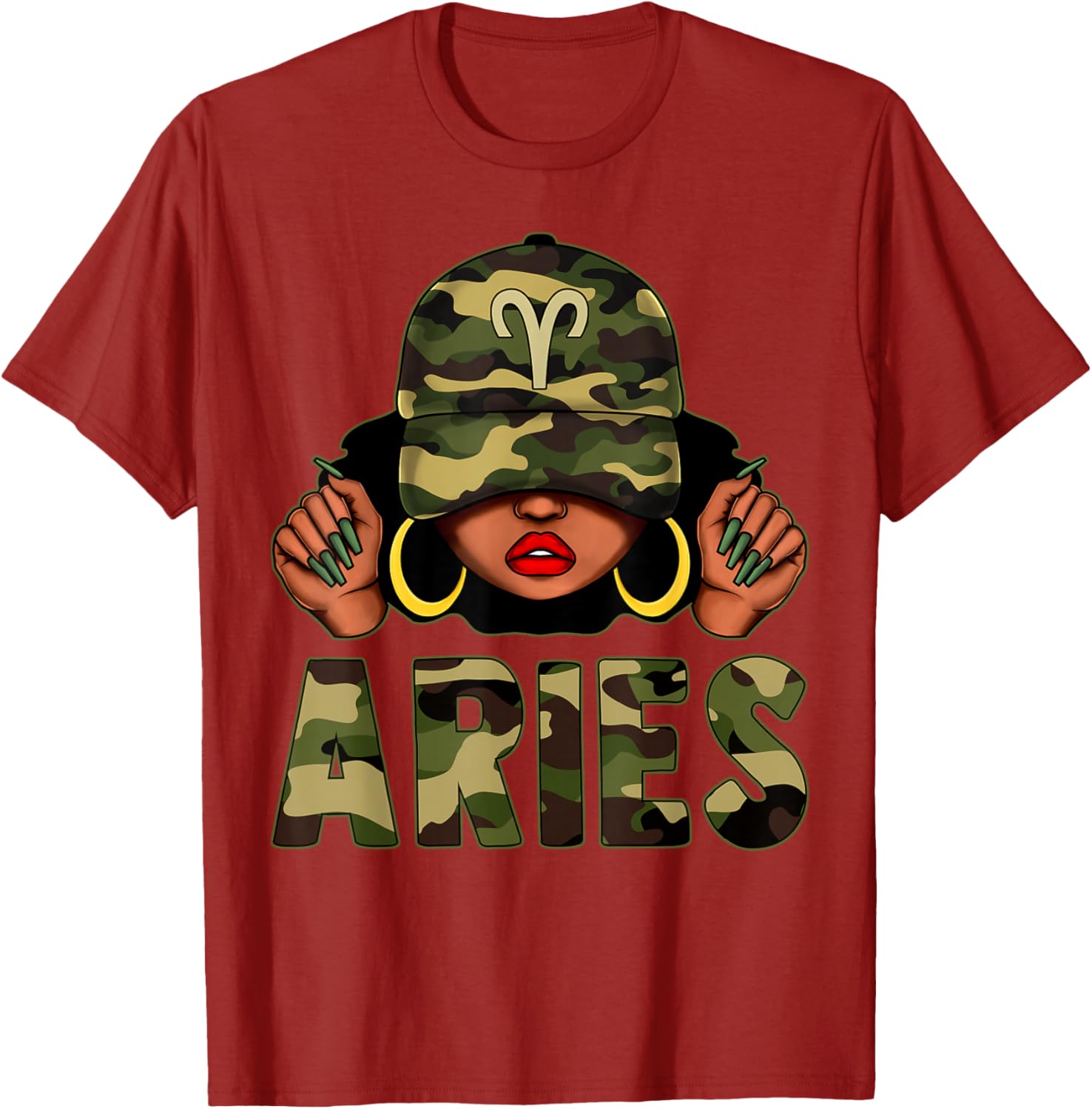 Aries Queen Black Woman Wearing Camo Cap Afro Zodiac T-Shirt - 17