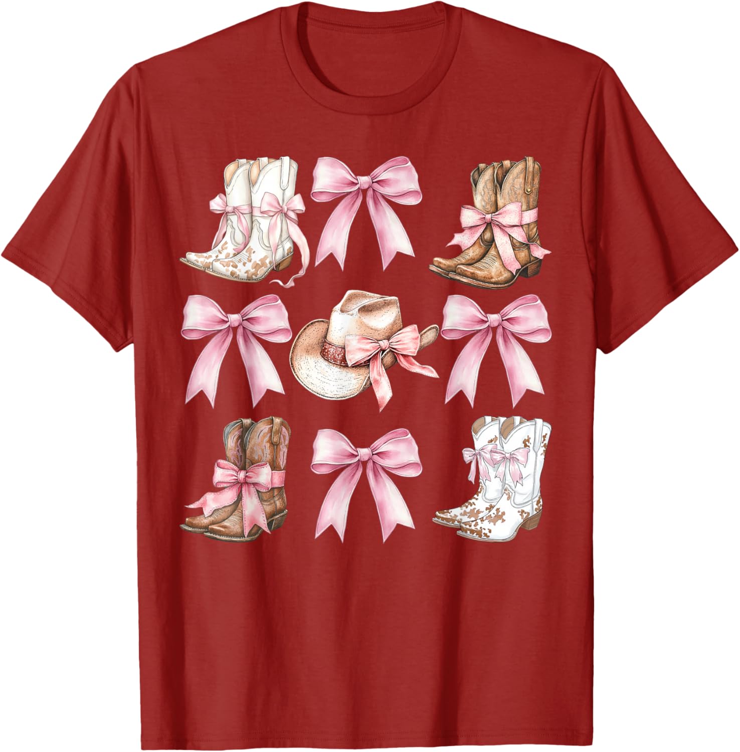 Coquette Cowgirl Boots with Pink Bows Stylish Y2K Womens T-Shirt - 15
