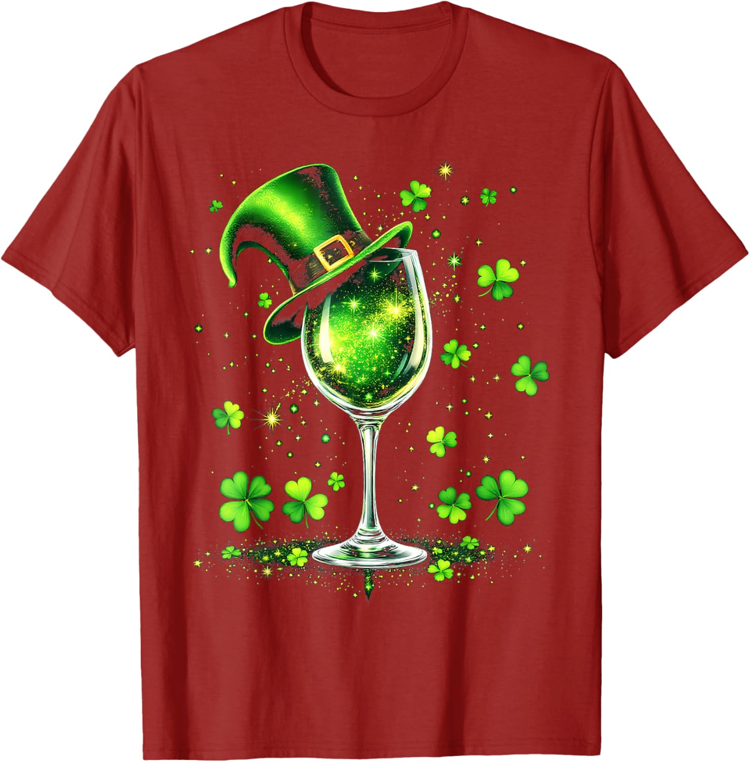St Patricks Day Shamrock Wine Glass and Leprechaun Hat T-Shirt - 1