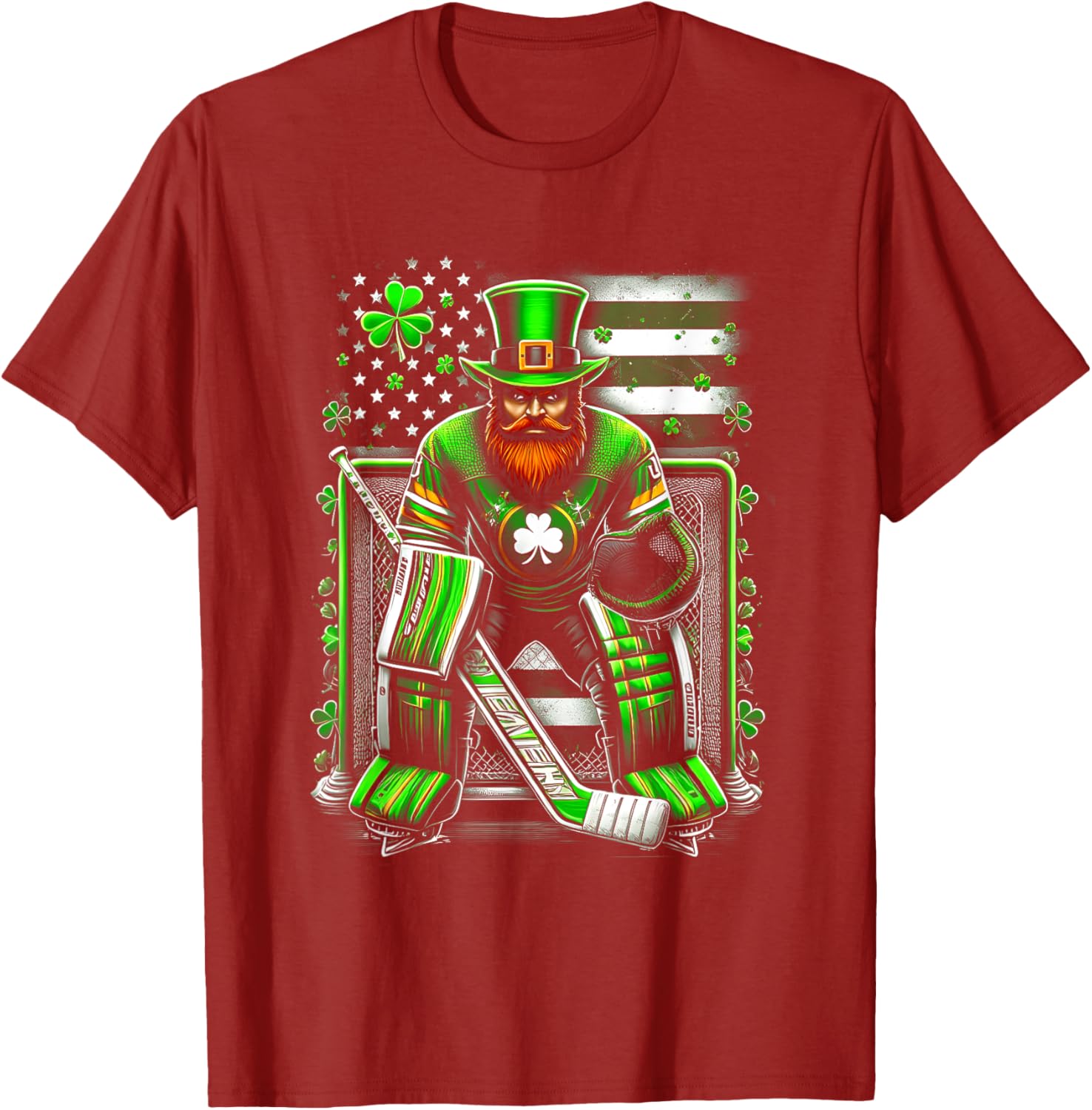 American Flag Hockey Goalie Shamrock T-Shirt for Saint Patrick's Day - 1