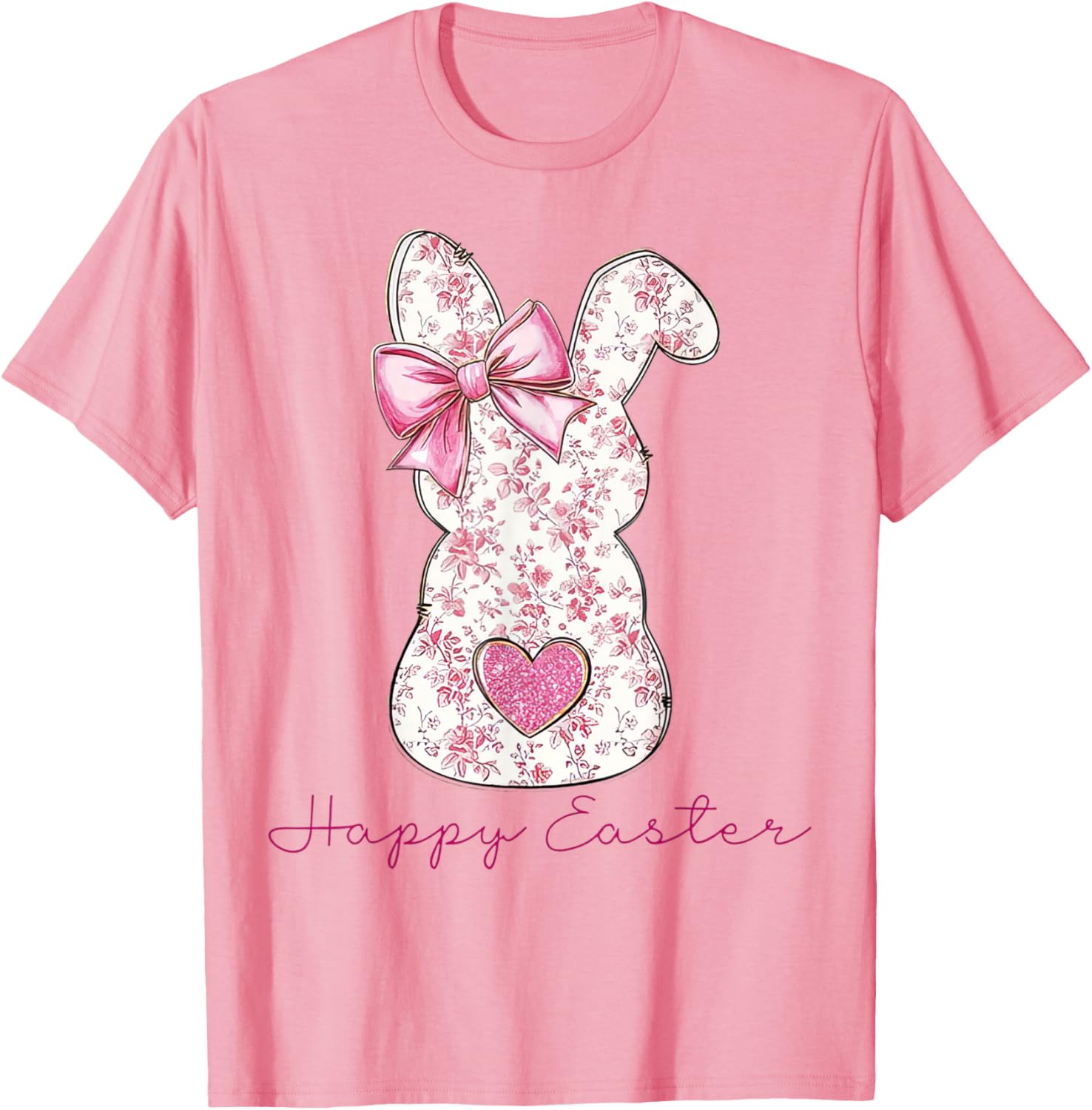Happy Easter Pink Floral Bunny T-Shirt for Girls and Women - 21