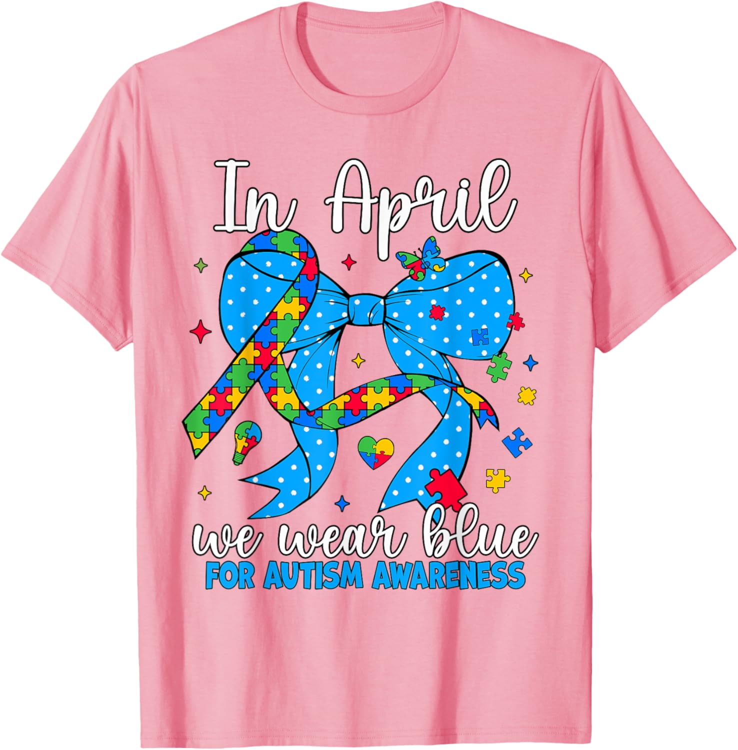 April Autism Awareness Blue Coquette Bow Puzzle T-Shirt for Support - 14