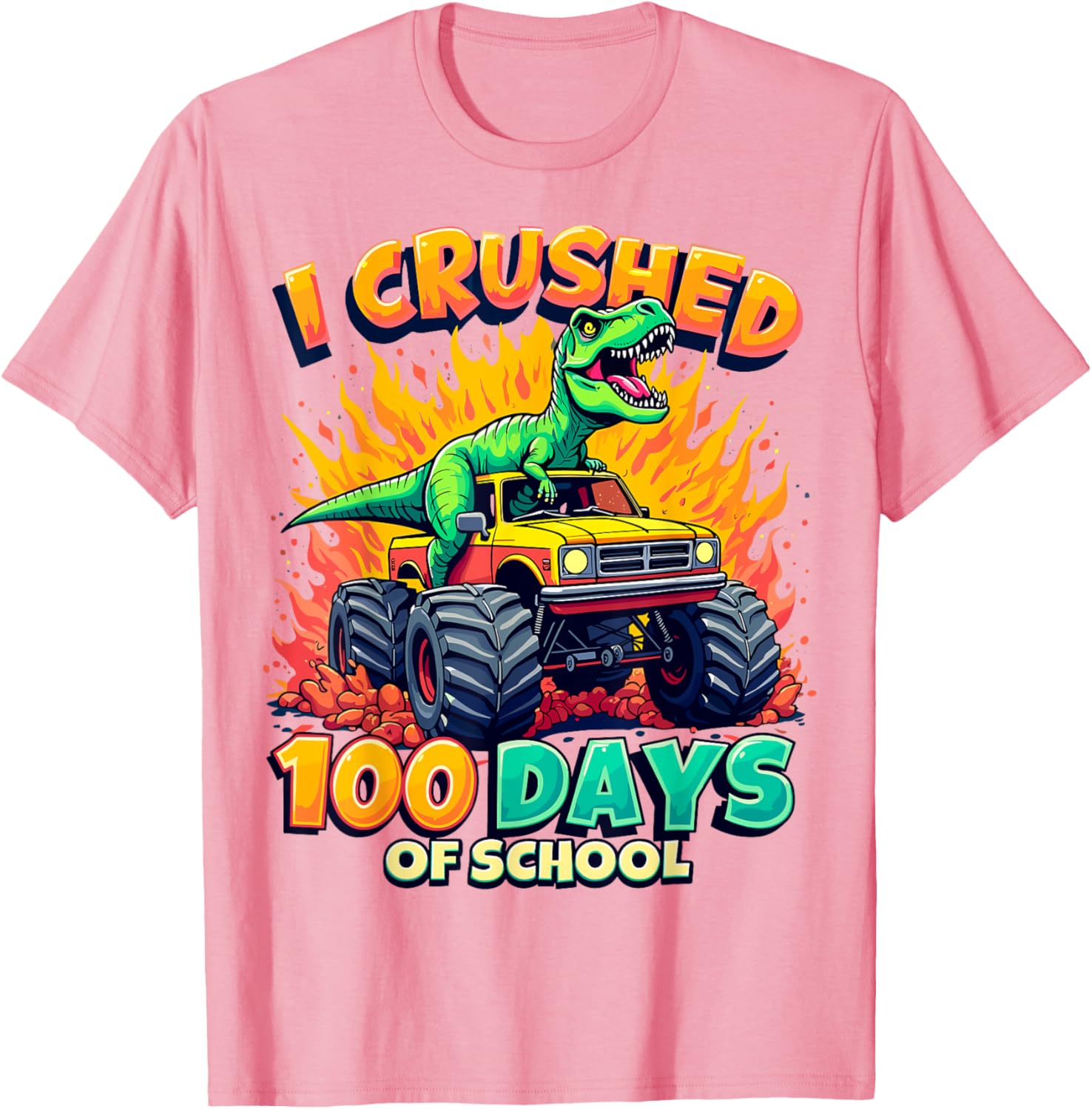 Crushed 100 Days of School Monster Truck Dinosaur T-Shirt for Kids - 3