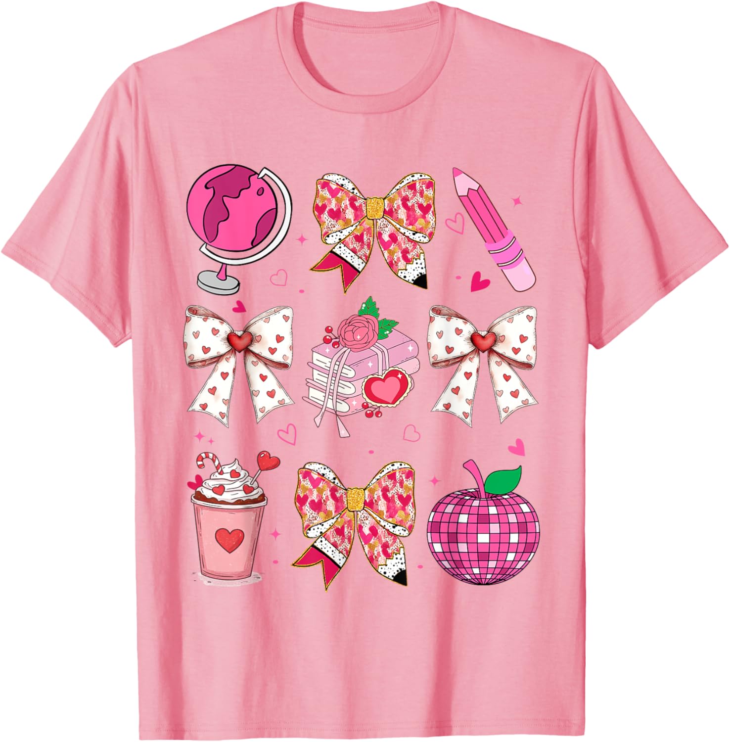 Valentine's Day Heart Bow T-Shirt for Teachers with Disco Ball Charm - 16