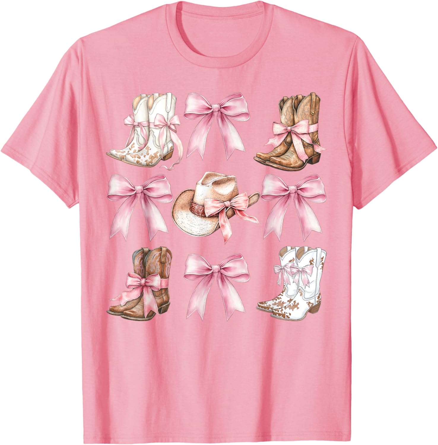 Coquette Cowgirl Boots with Pink Bows Stylish Y2K Womens T-Shirt - 12