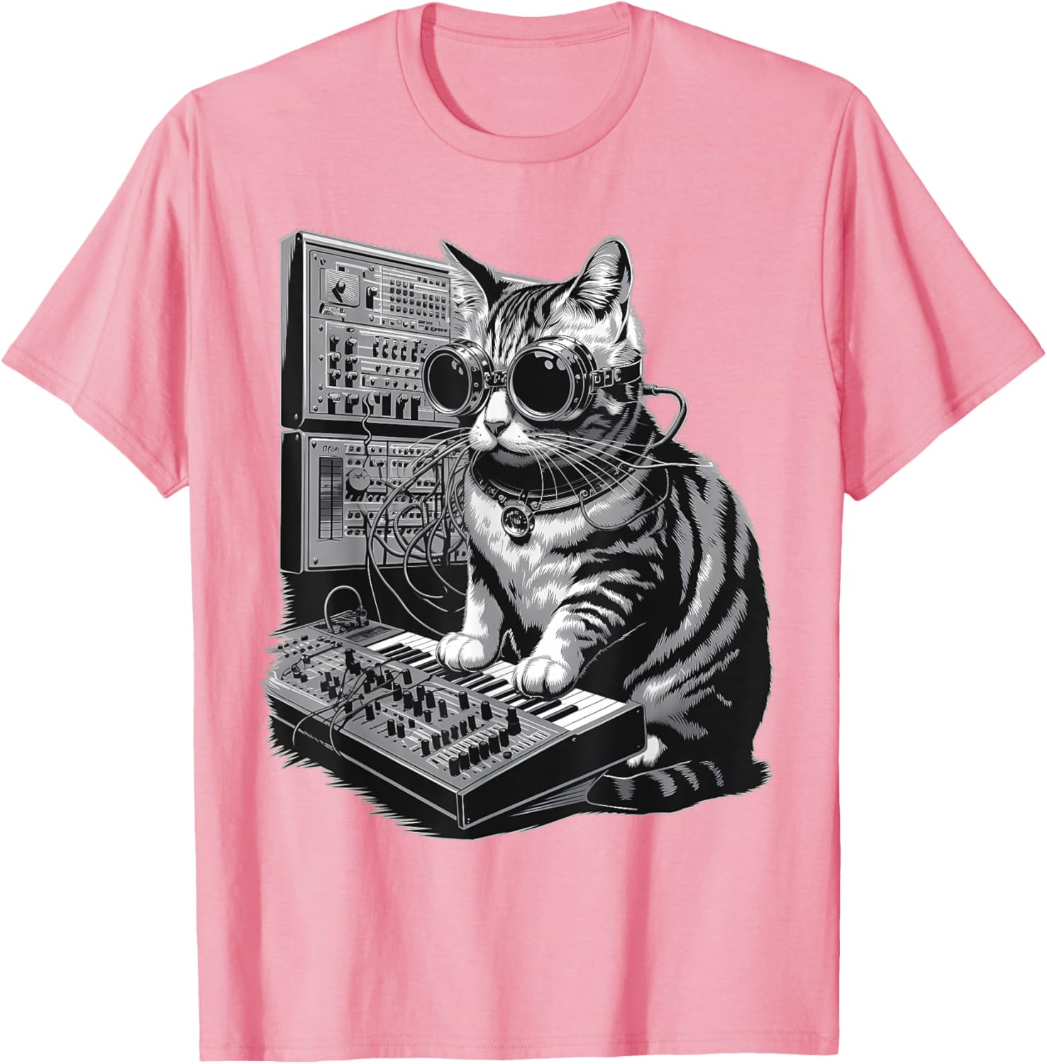 Steampunk Cat Playing Synthesizer Techno Music T-Shirt for Cat Lovers - 1