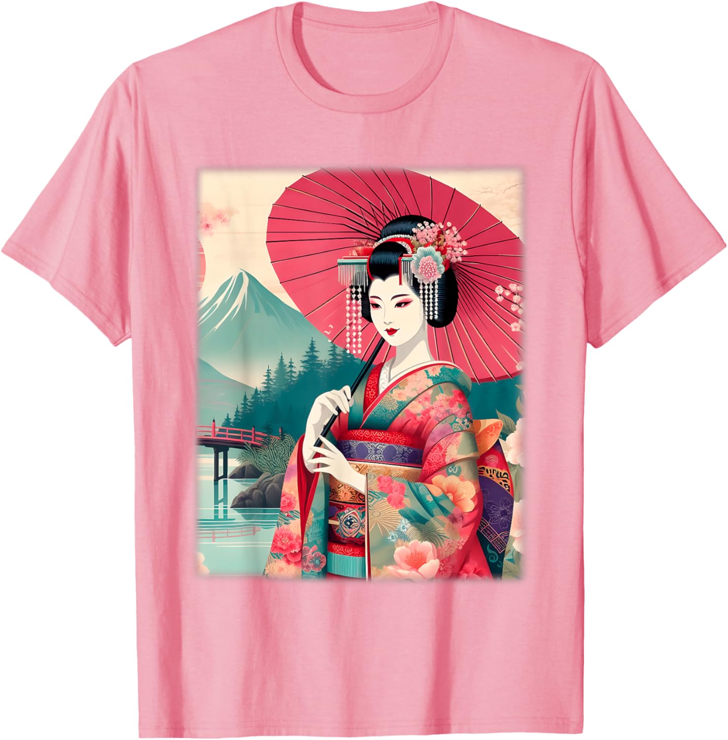 Traditional Japanese Geisha Women's T-Shirt with Hanami Woodblock Art - 27