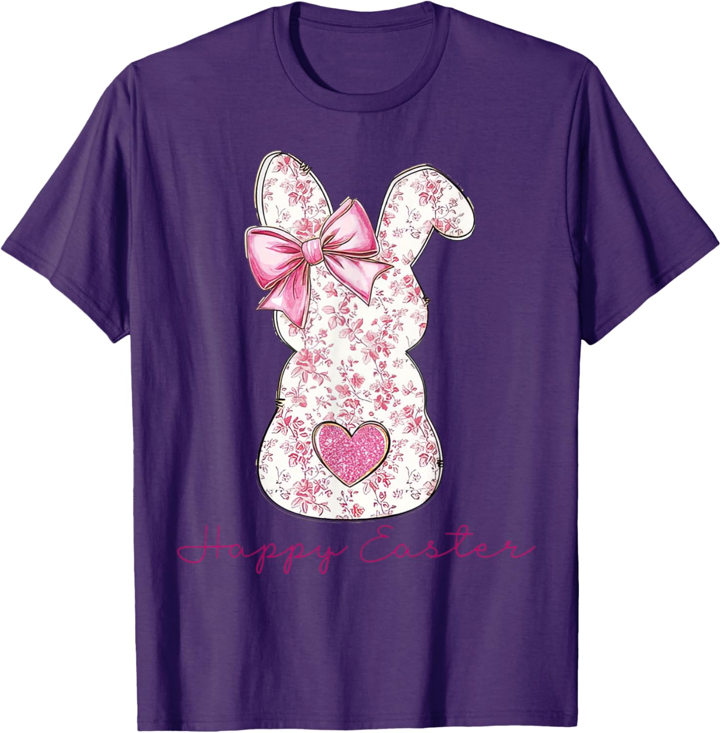 Happy Easter Pink Floral Bunny T-Shirt for Girls and Women - 2