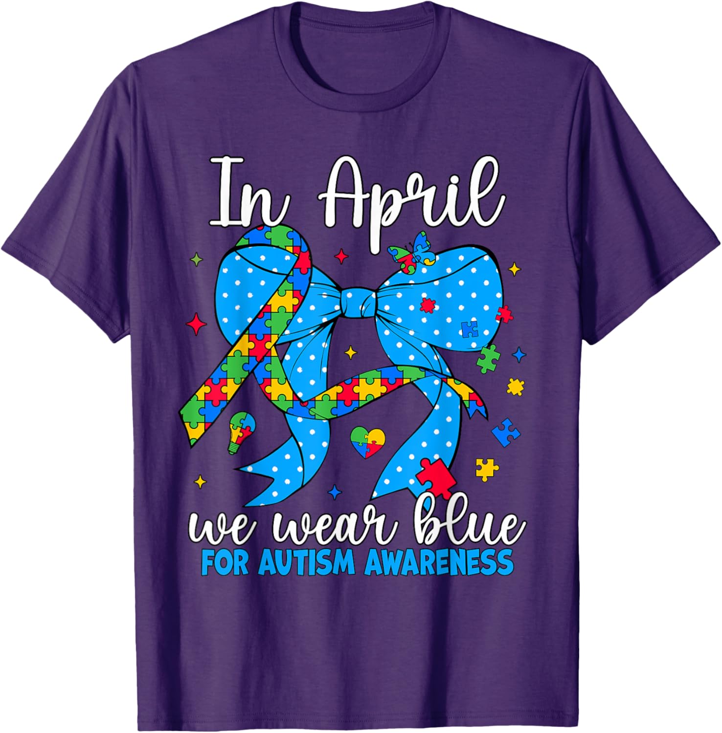 April Autism Awareness Blue Coquette Bow Puzzle T-Shirt for Support - 5