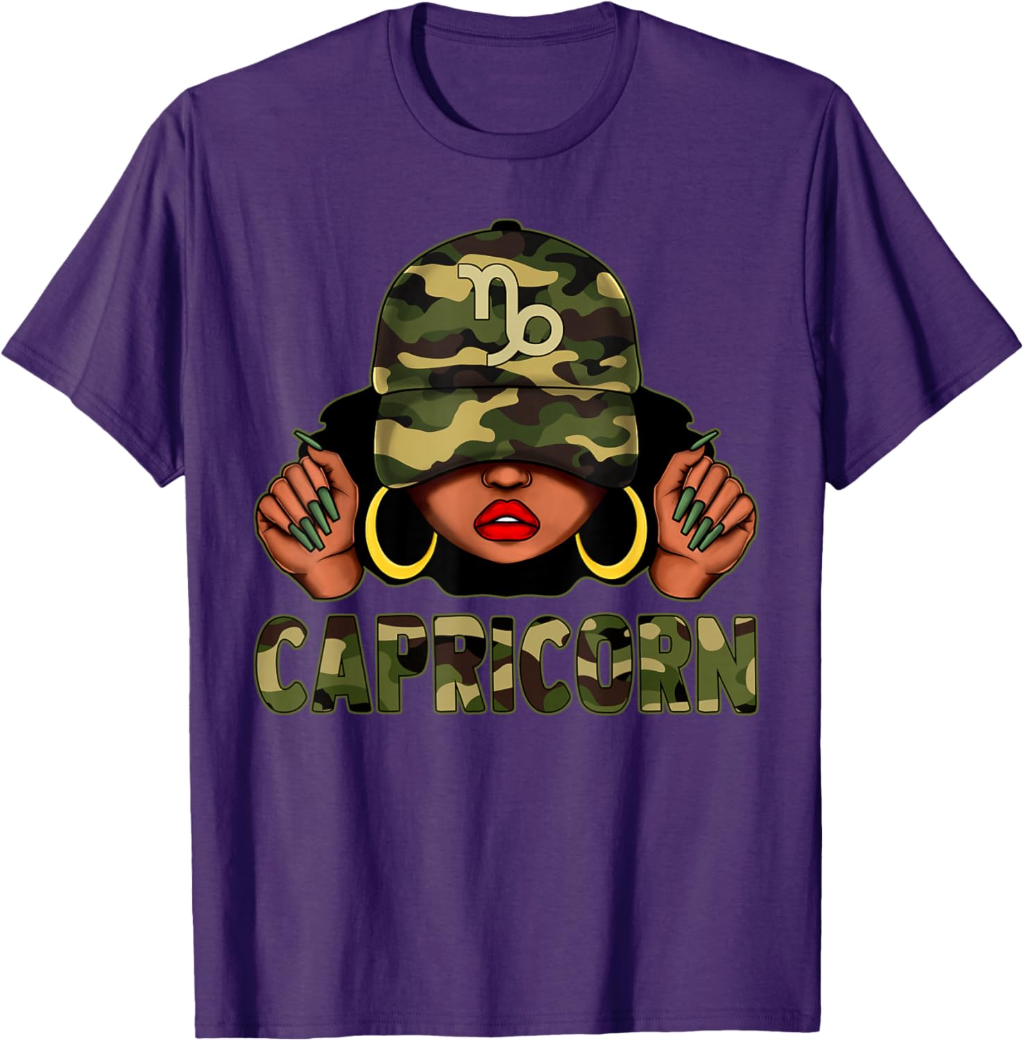 Capricorn Queen Black Woman with Camo Cap Afro Zodiac T-Shirt - 15