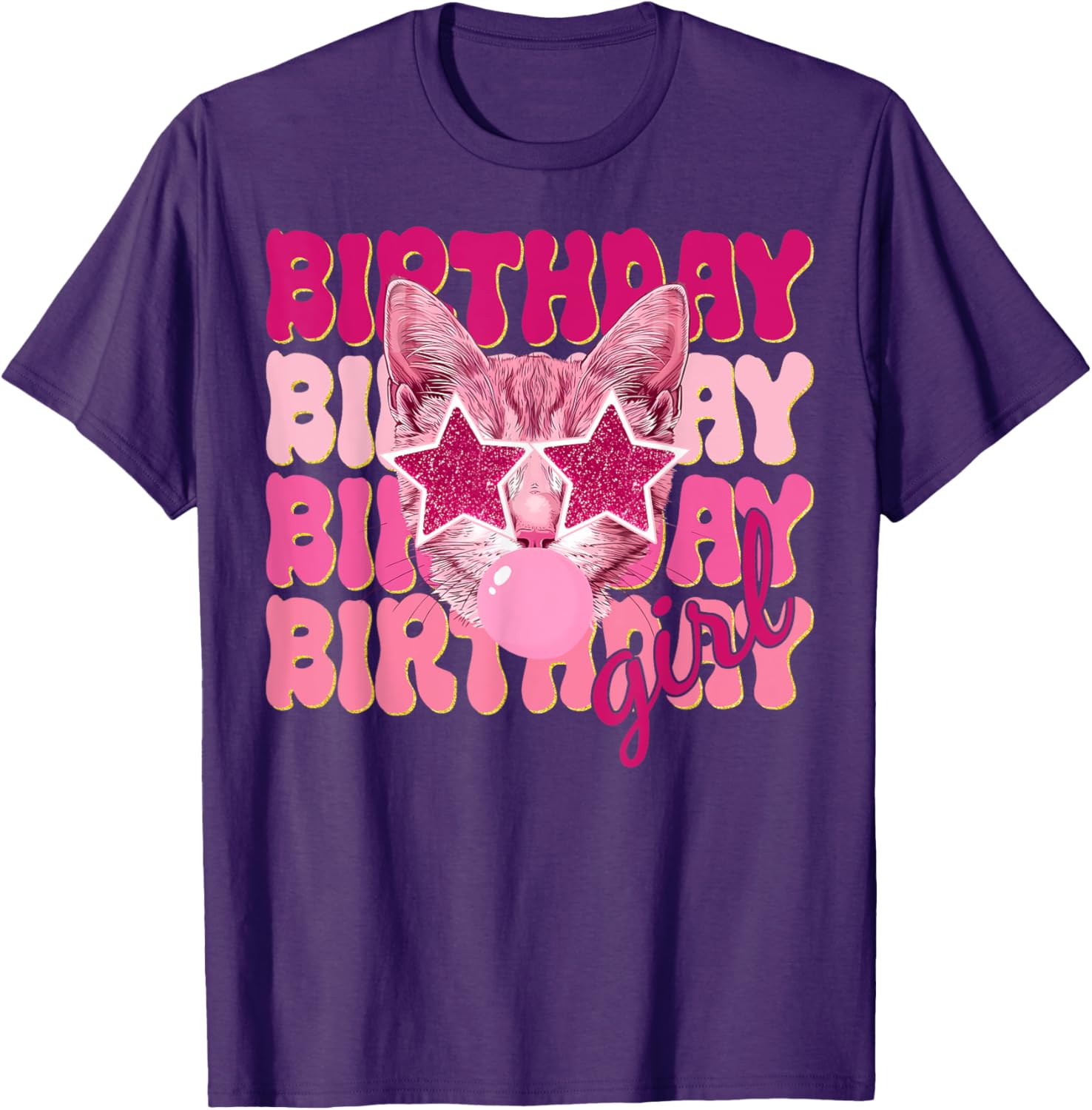 Birthday Girl Cat Bubble Blowing T-Shirt for Women Teens and Kids - 25