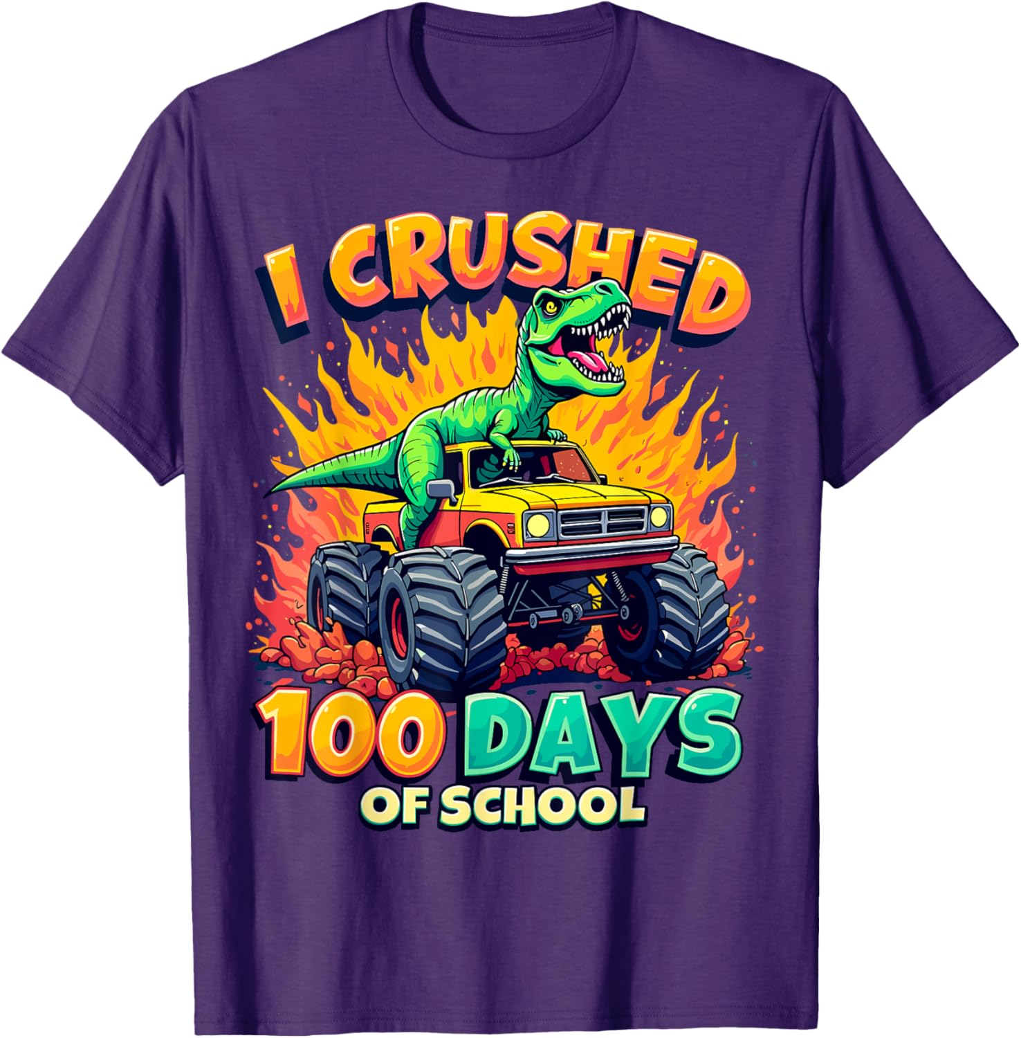 Crushed 100 Days of School Monster Truck Dinosaur T-Shirt for Kids - 19