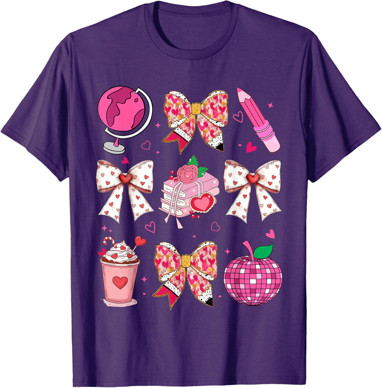 Valentine's Day Heart Bow T-Shirt for Teachers with Disco Ball Charm - 22