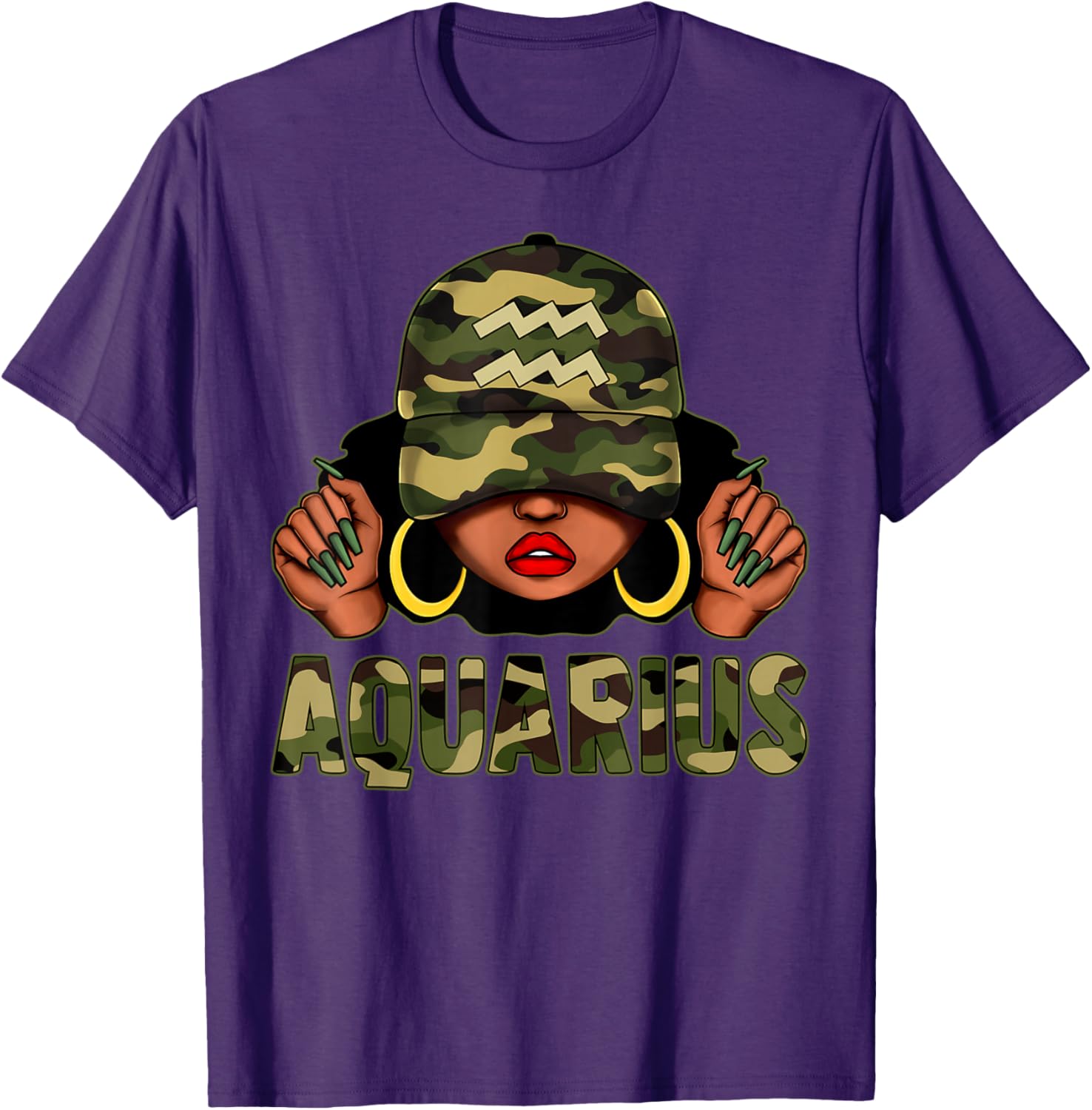 Aquarius Queen Black Woman Camo Afro T-Shirt Stylish Zodiac Apparel - 9