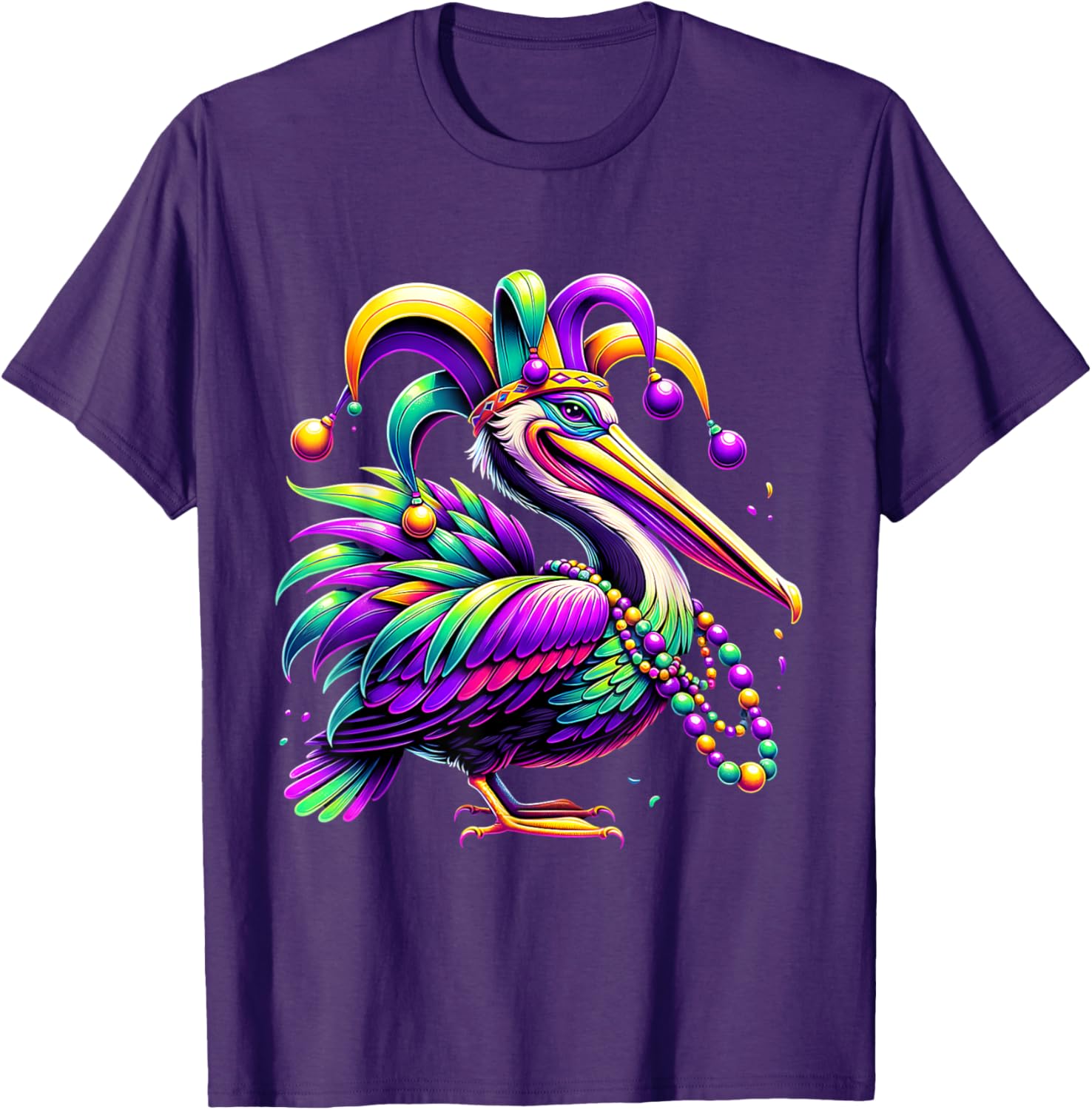Colorful Mardi Gras Pelican Jester Hat Beads T-Shirt for Festive Fun - 16