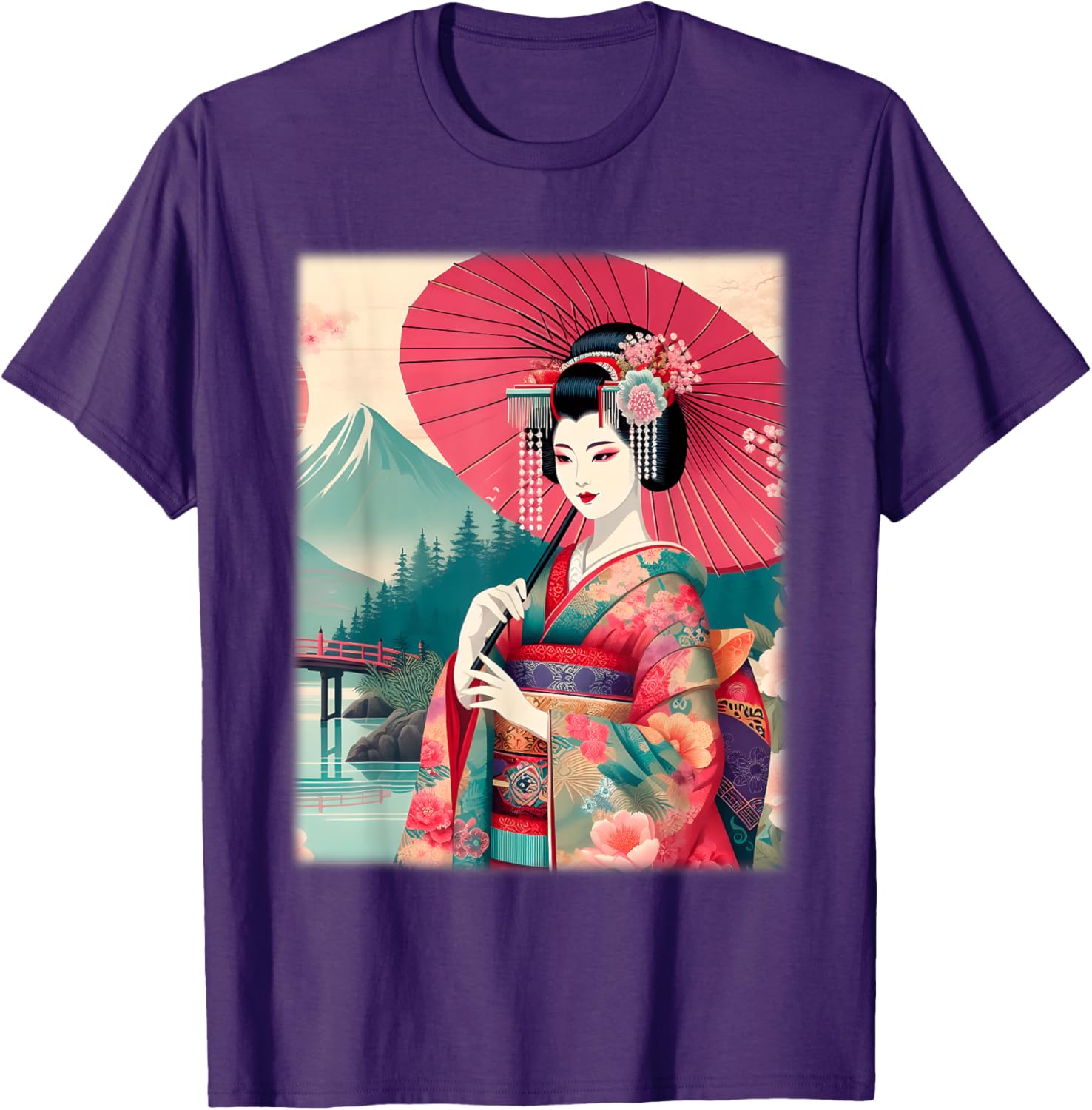 Traditional Japanese Geisha Women's T-Shirt with Hanami Woodblock Art - 20