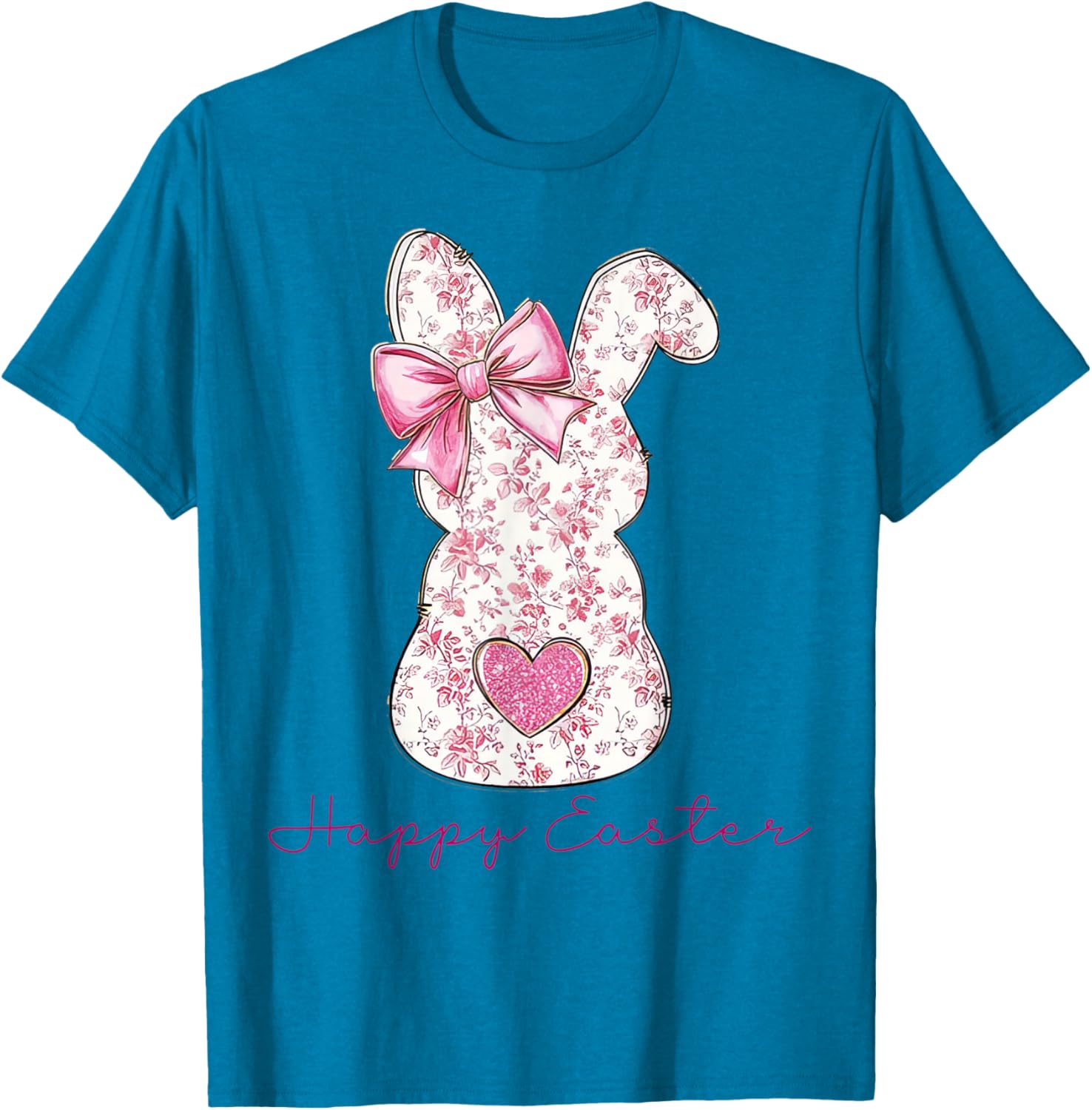 Happy Easter Pink Floral Bunny T-Shirt for Girls and Women - 7