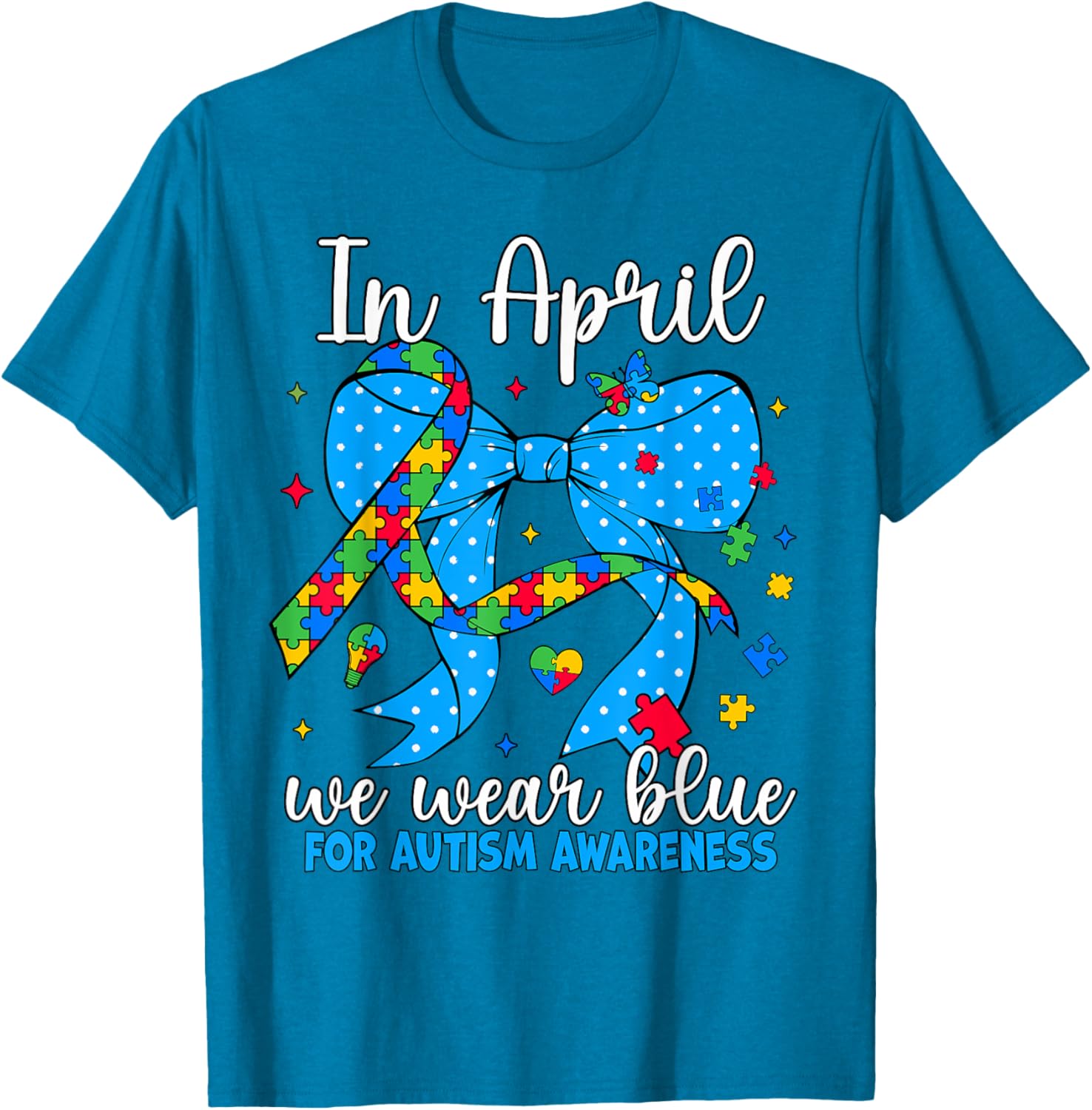 April Autism Awareness Blue Coquette Bow Puzzle T-Shirt for Support - 23