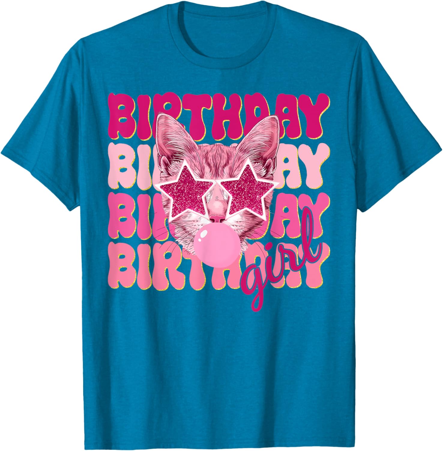 Birthday Girl Cat Bubble Blowing T-Shirt for Women Teens and Kids - 4