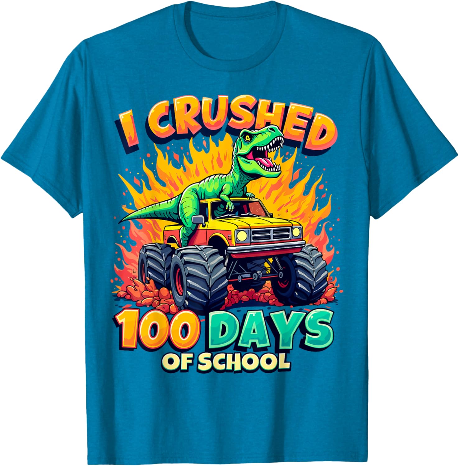 Crushed 100 Days of School Monster Truck Dinosaur T-Shirt for Kids - 2