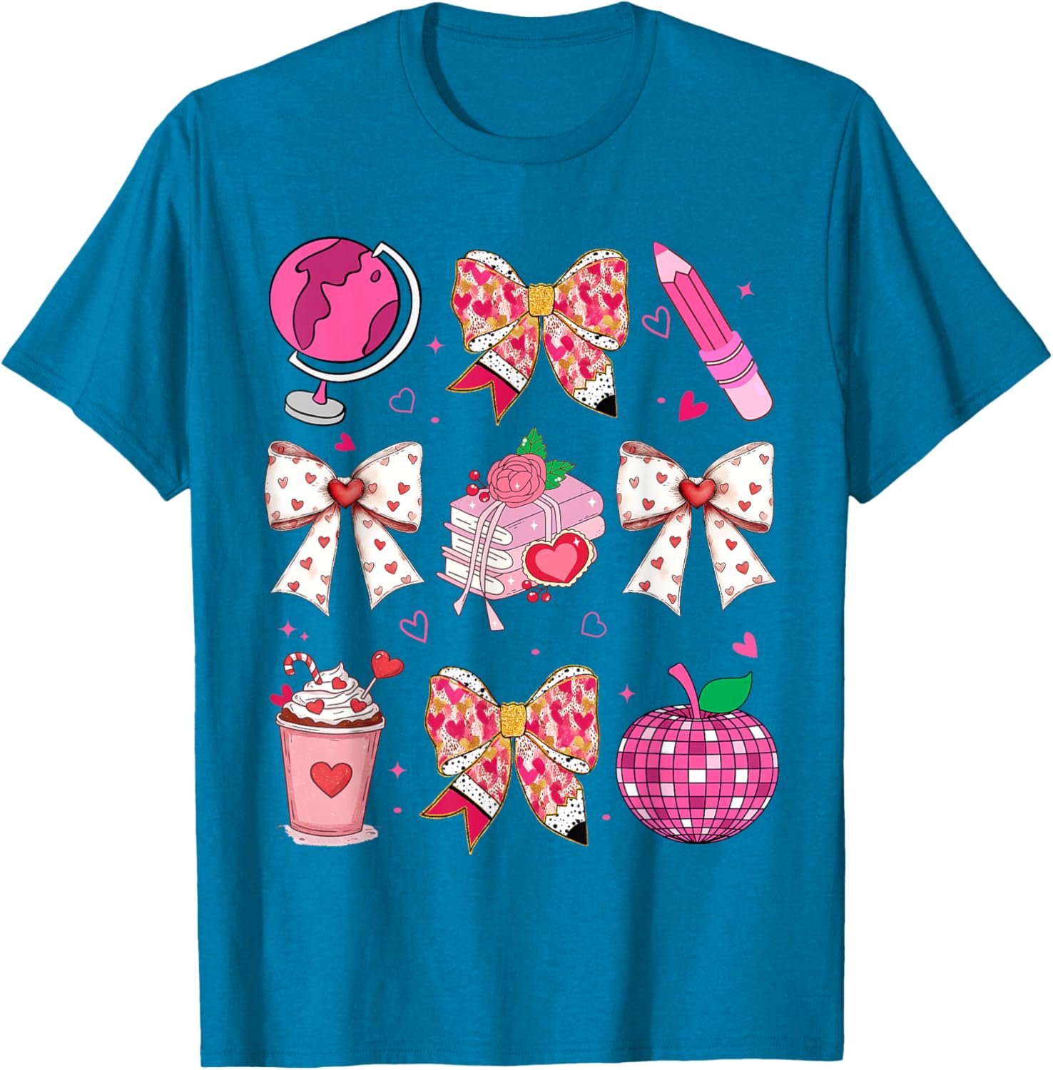 Valentine's Day Heart Bow T-Shirt for Teachers with Disco Ball Charm - 23
