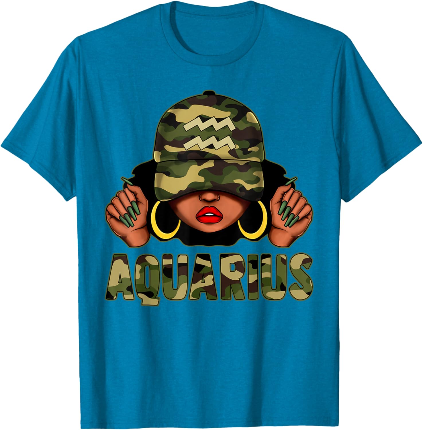 Aquarius Queen Black Woman Camo Afro T-Shirt Stylish Zodiac Apparel - 13