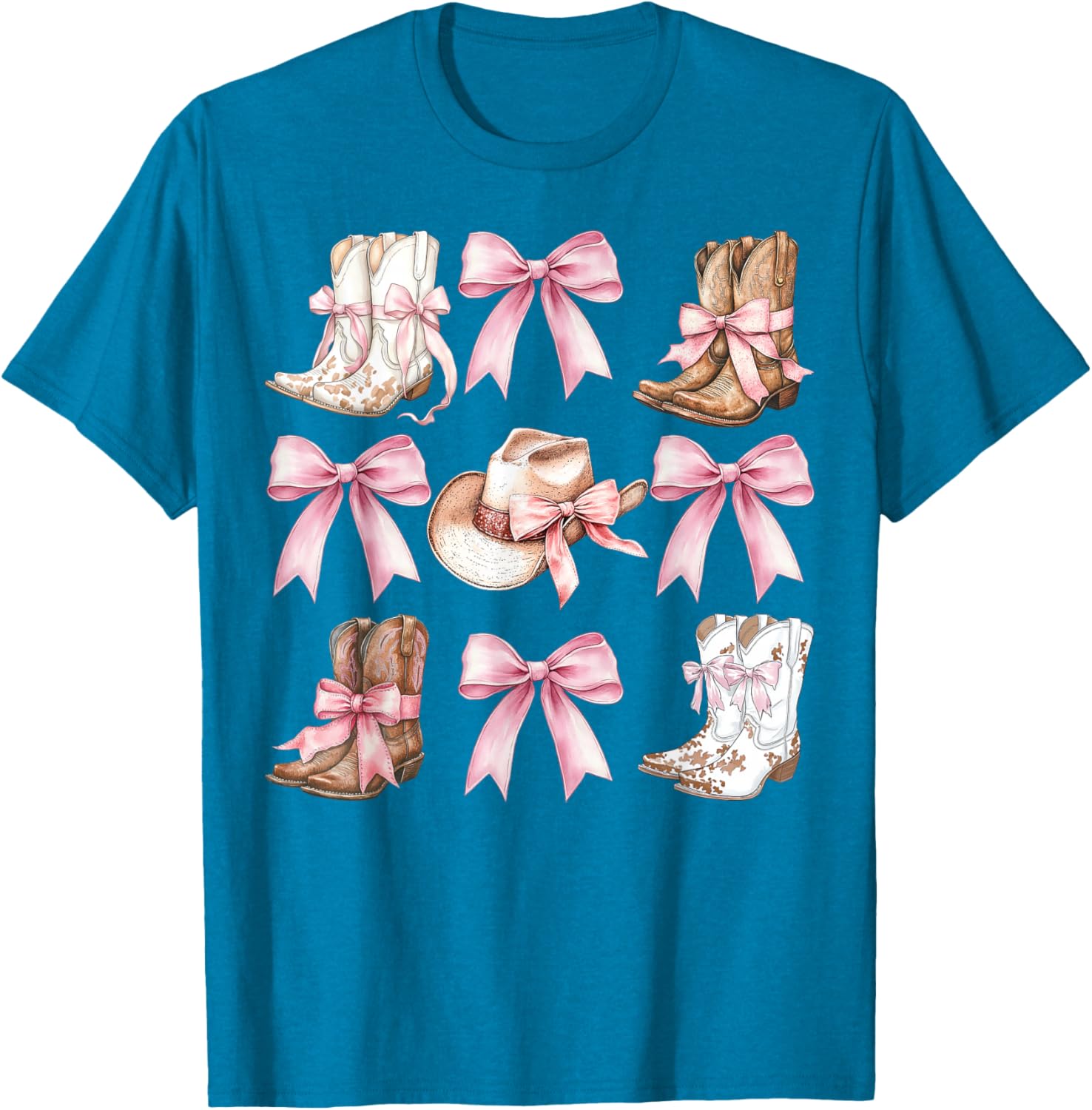 Coquette Cowgirl Boots with Pink Bows Stylish Y2K Womens T-Shirt - 11