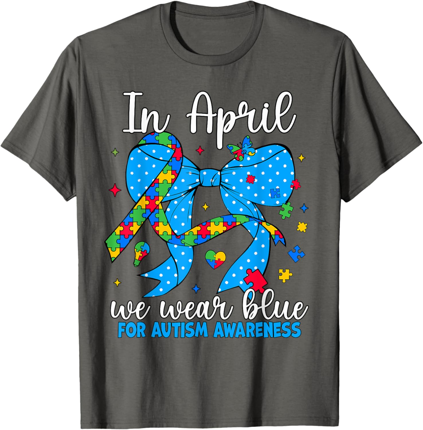 April Autism Awareness Blue Coquette Bow Puzzle T-Shirt for Support - 7