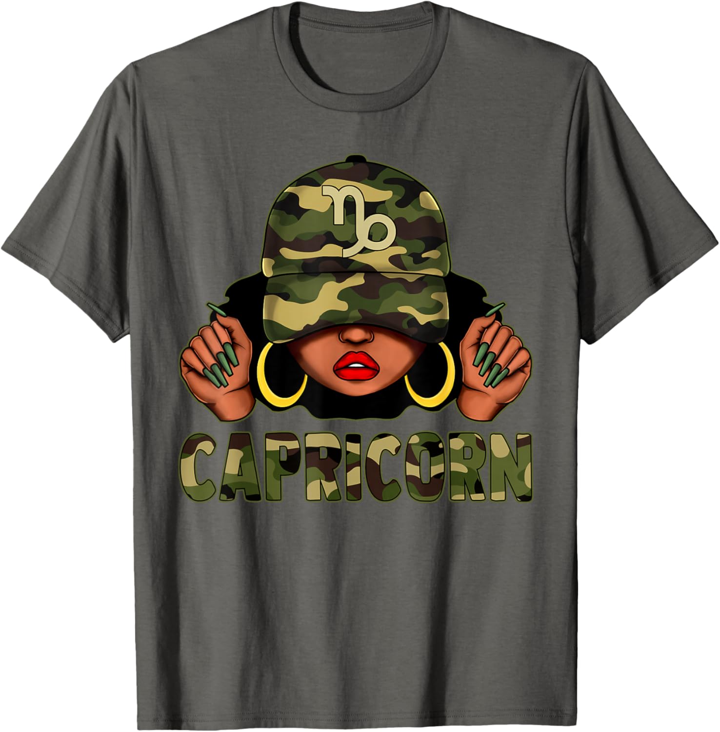 Capricorn Queen Black Woman with Camo Cap Afro Zodiac T-Shirt - 11