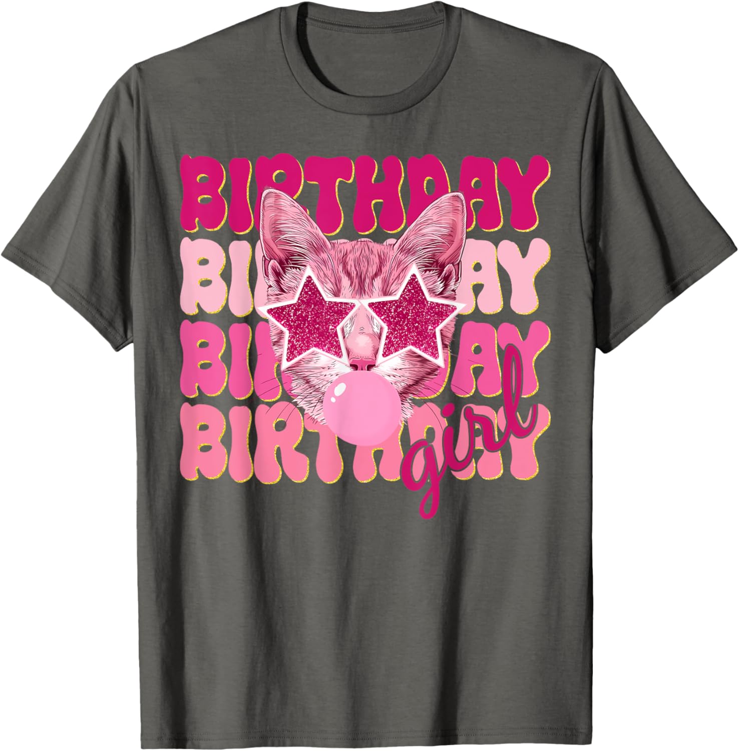 Birthday Girl Cat Bubble Blowing T-Shirt for Women Teens and Kids - 1