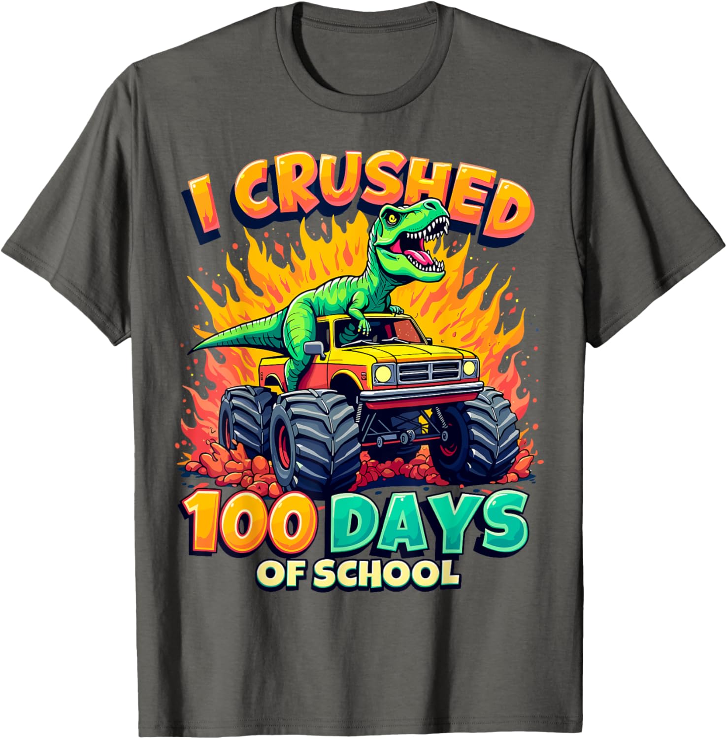 Crushed 100 Days of School Monster Truck Dinosaur T-Shirt for Kids - 13