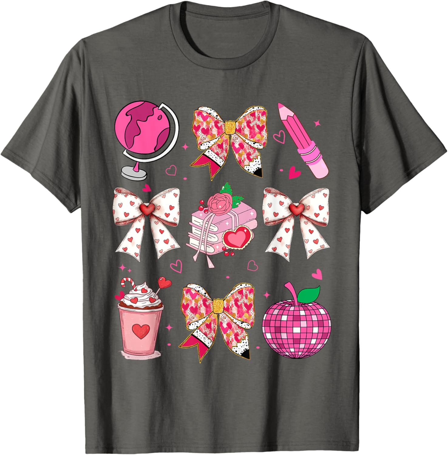 Valentine's Day Heart Bow T-Shirt for Teachers with Disco Ball Charm - 20