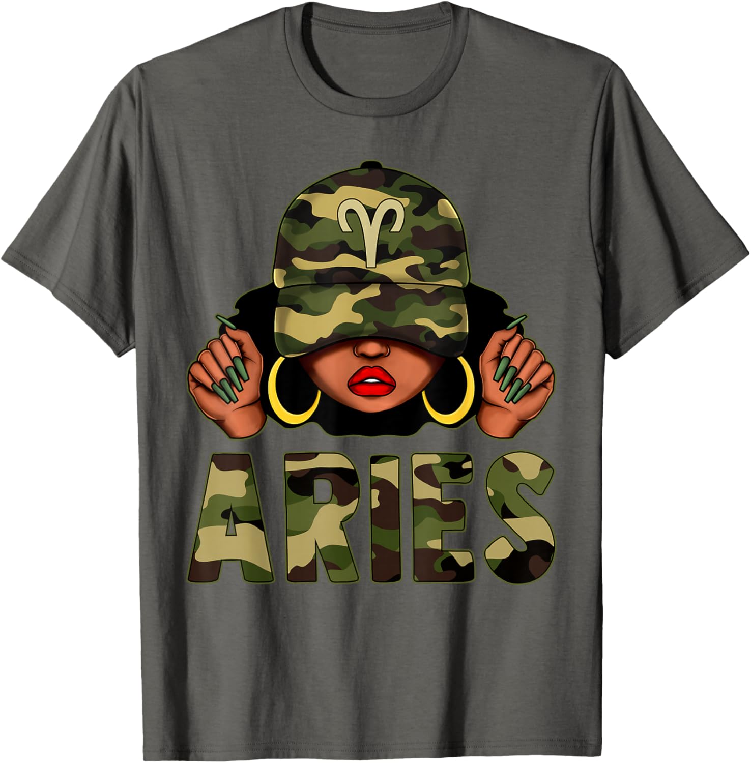 Aries Queen Black Woman Wearing Camo Cap Afro Zodiac T-Shirt - 6