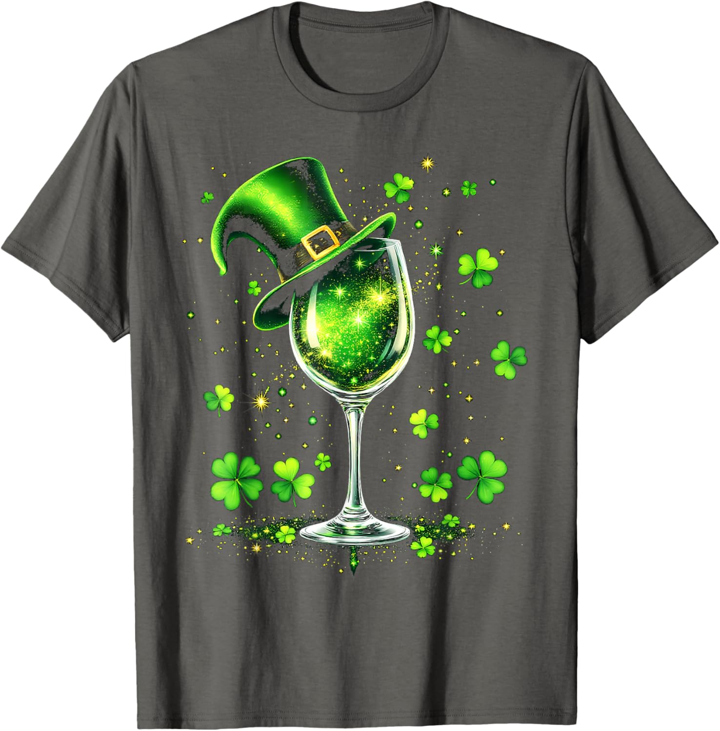 St Patricks Day Shamrock Wine Glass and Leprechaun Hat T-Shirt - 3