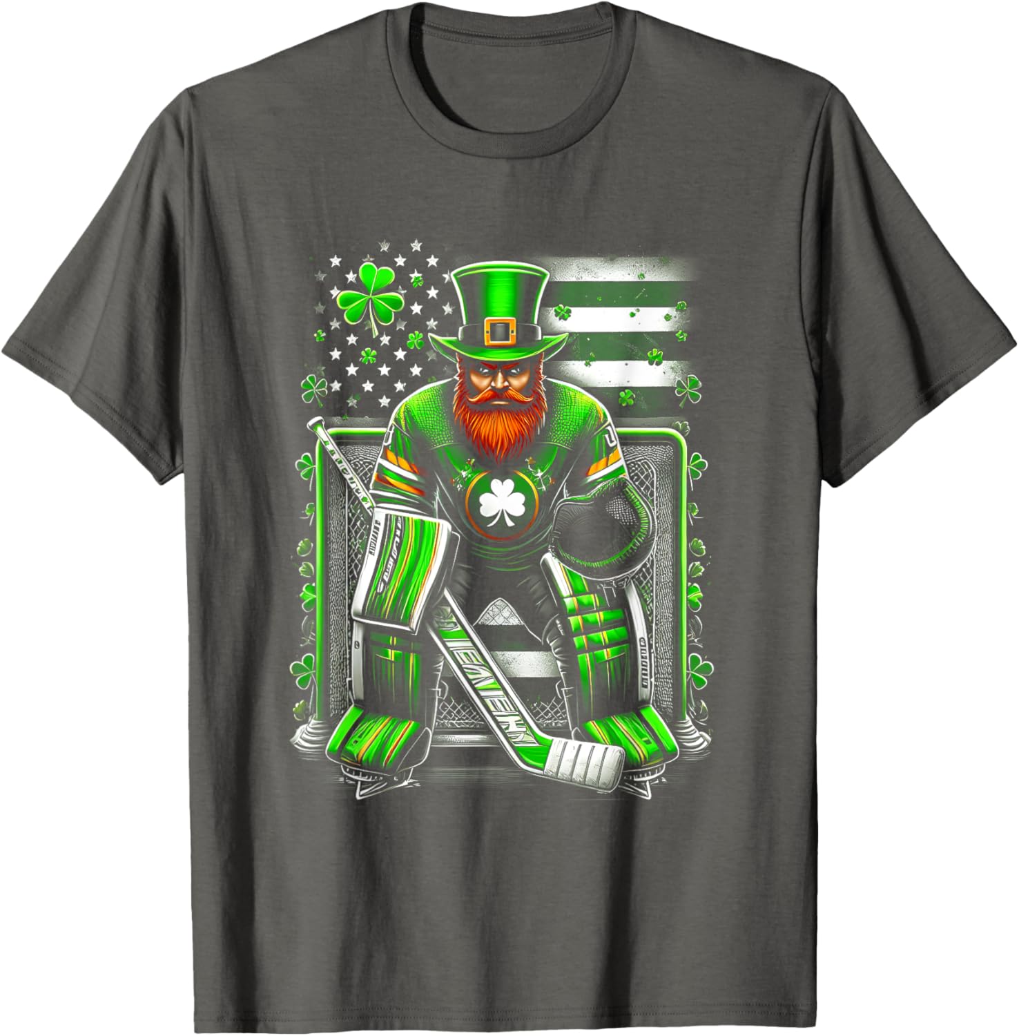 American Flag Hockey Goalie Shamrock T-Shirt for Saint Patrick's Day - 7