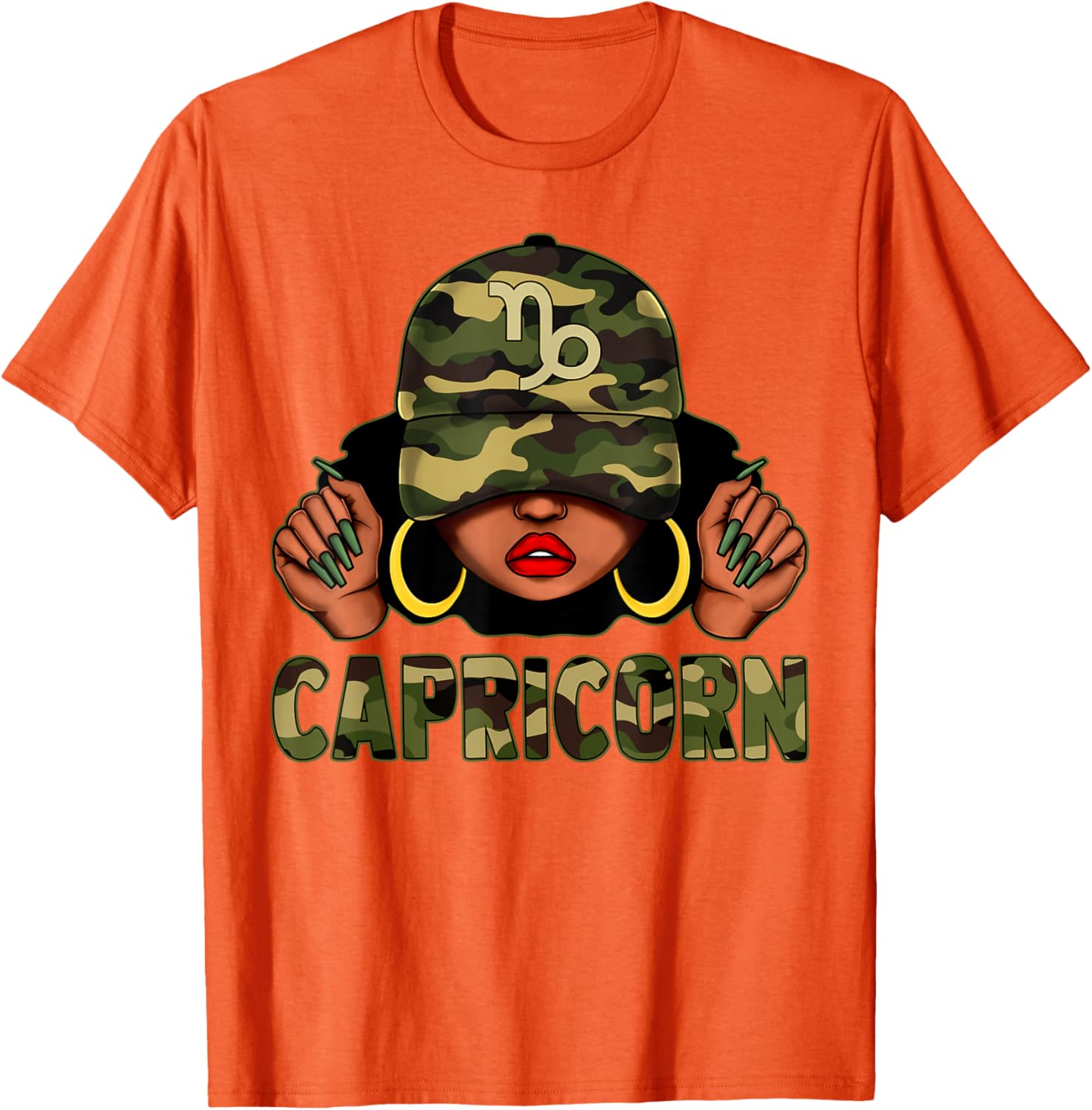 Capricorn Queen Black Woman with Camo Cap Afro Zodiac T-Shirt - 6