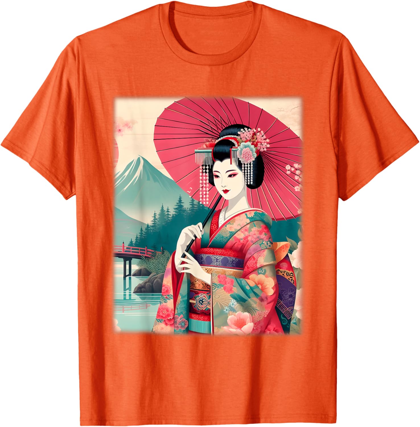 Traditional Japanese Geisha Women's T-Shirt with Hanami Woodblock Art - 3