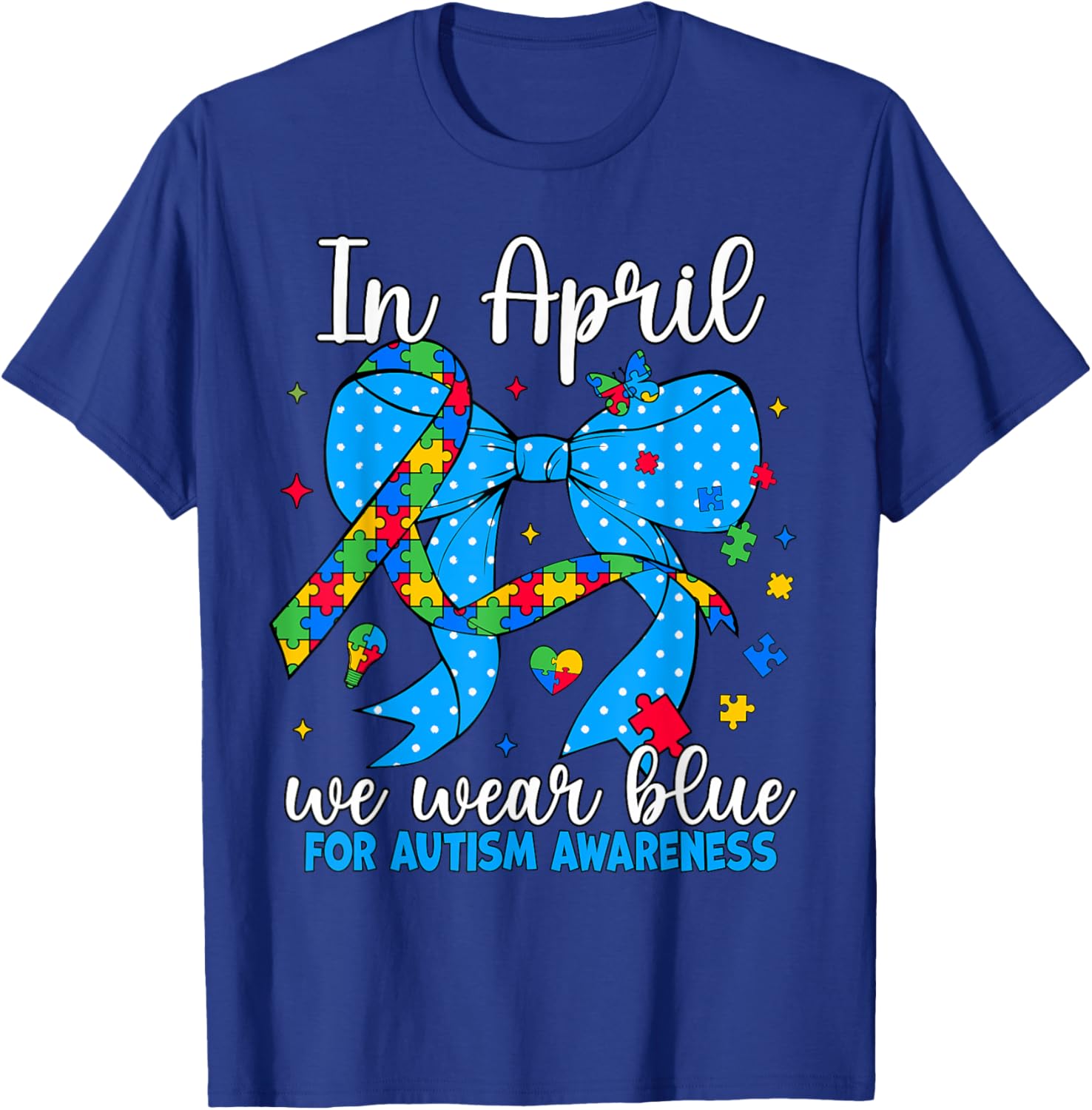 April Autism Awareness Blue Coquette Bow Puzzle T-Shirt for Support - 26