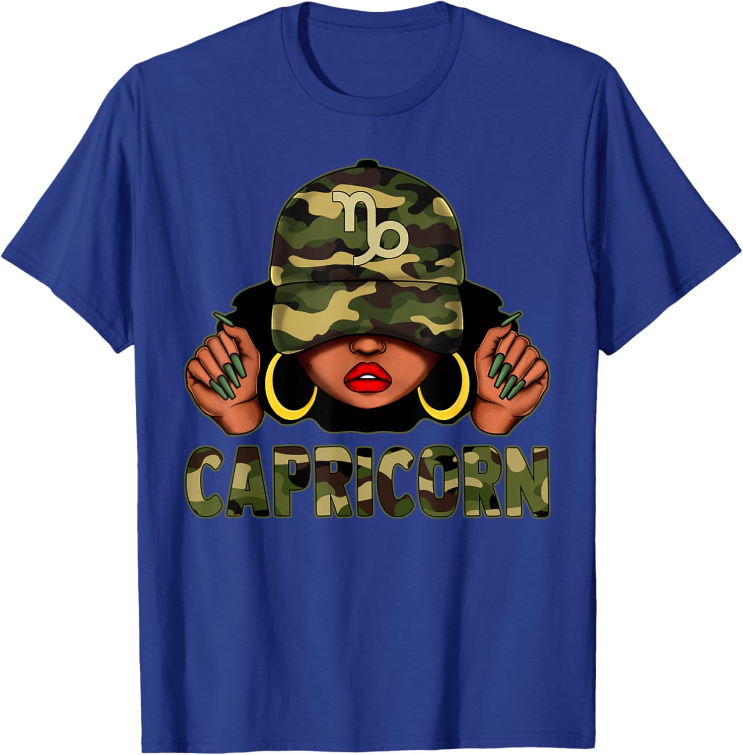 Capricorn Queen Black Woman with Camo Cap Afro Zodiac T-Shirt - 19