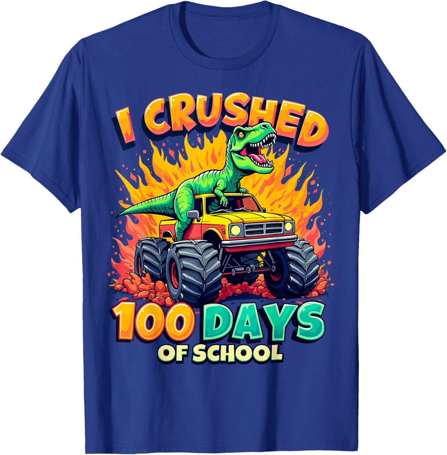 Crushed 100 Days of School Monster Truck Dinosaur T-Shirt for Kids - 16