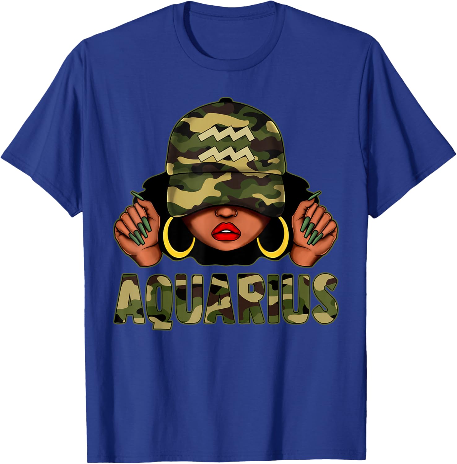Aquarius Queen Black Woman Camo Afro T-Shirt Stylish Zodiac Apparel - 8