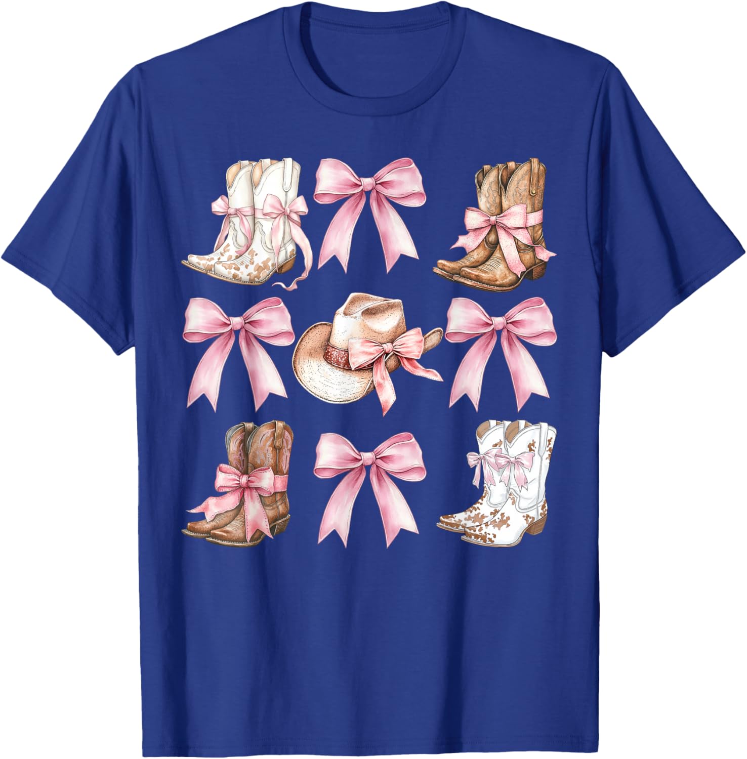 Coquette Cowgirl Boots with Pink Bows Stylish Y2K Womens T-Shirt - 7