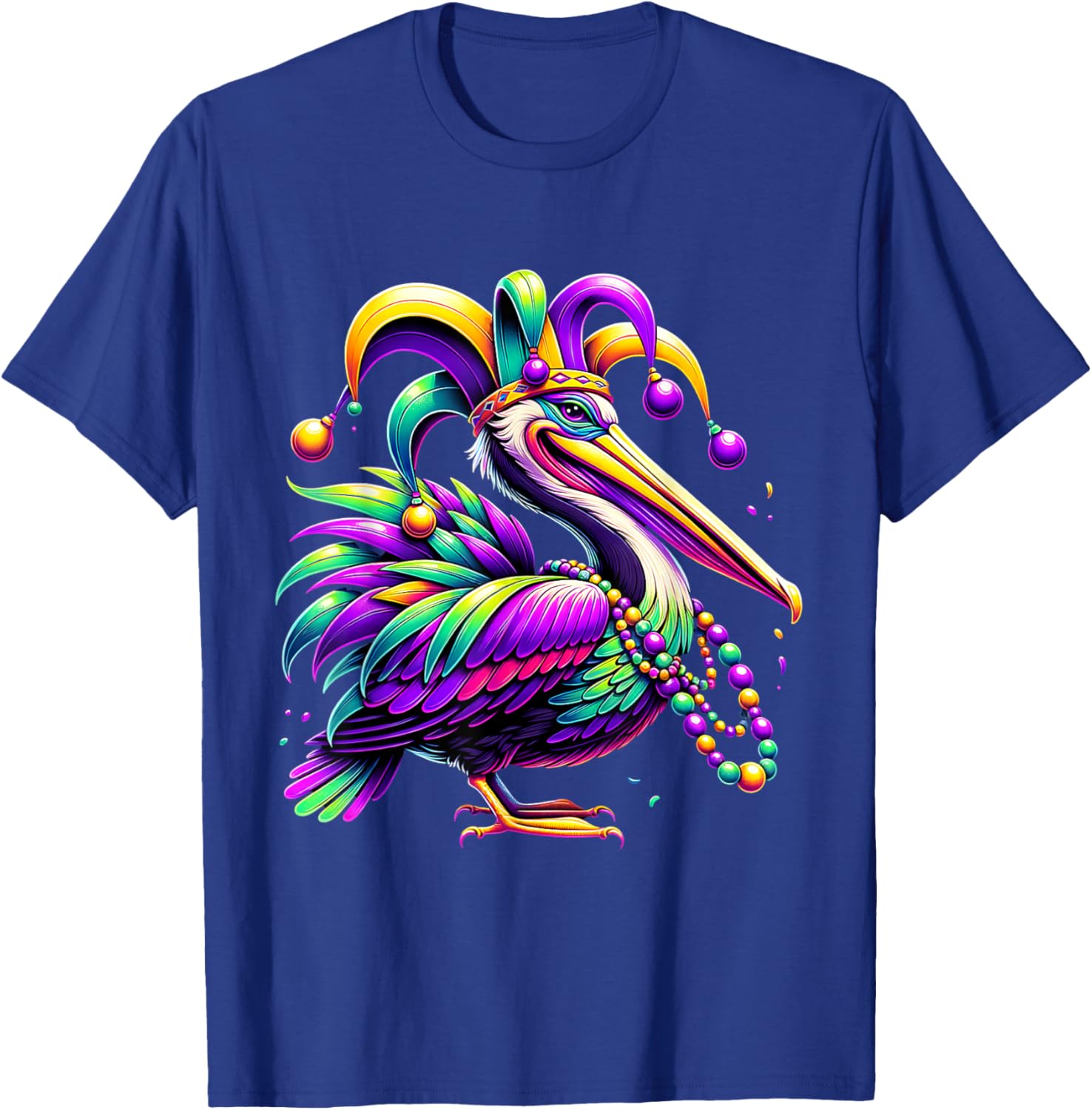 Colorful Mardi Gras Pelican Jester Hat Beads T-Shirt for Festive Fun - 9