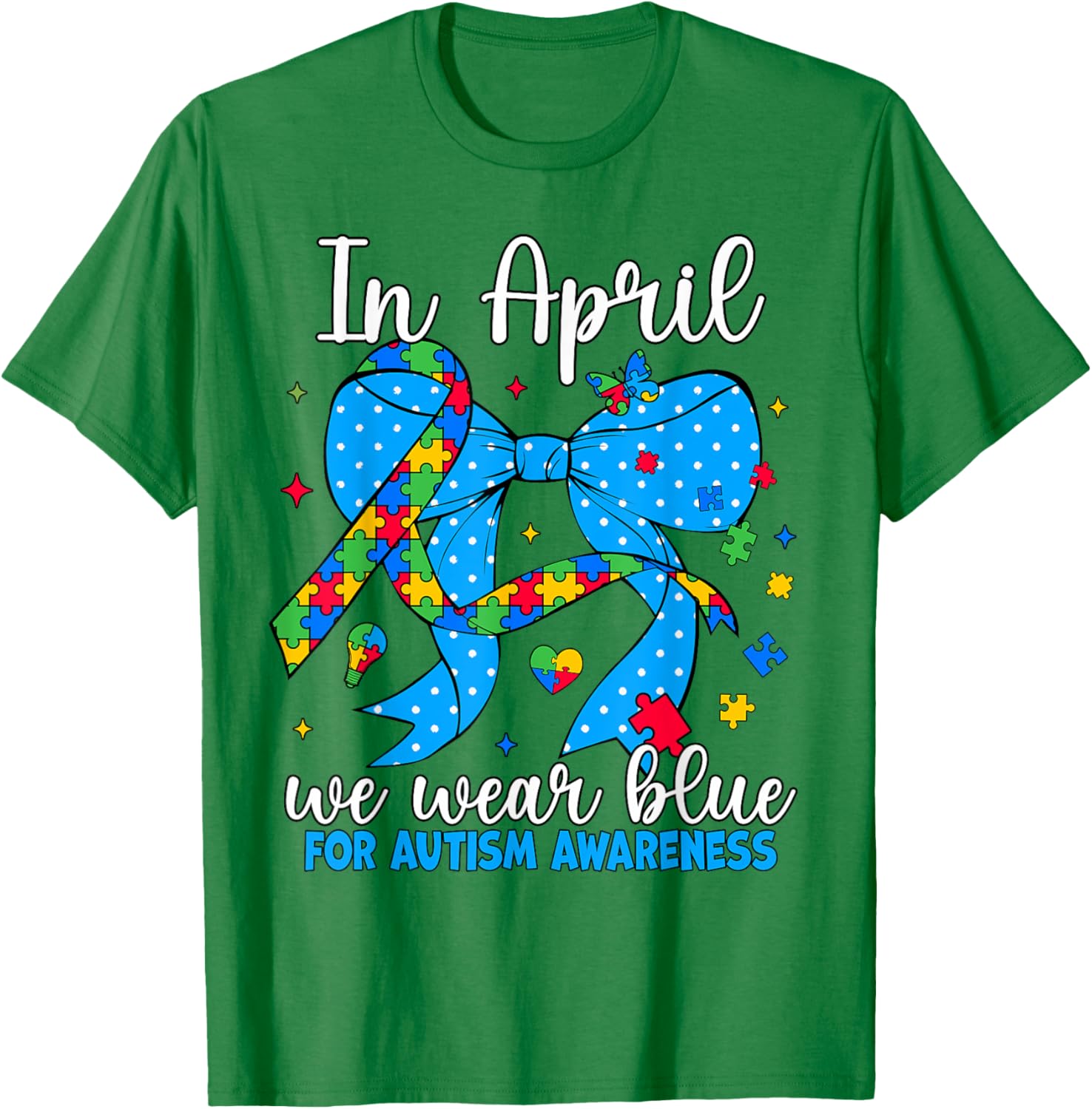 April Autism Awareness Blue Coquette Bow Puzzle T-Shirt for Support - 15