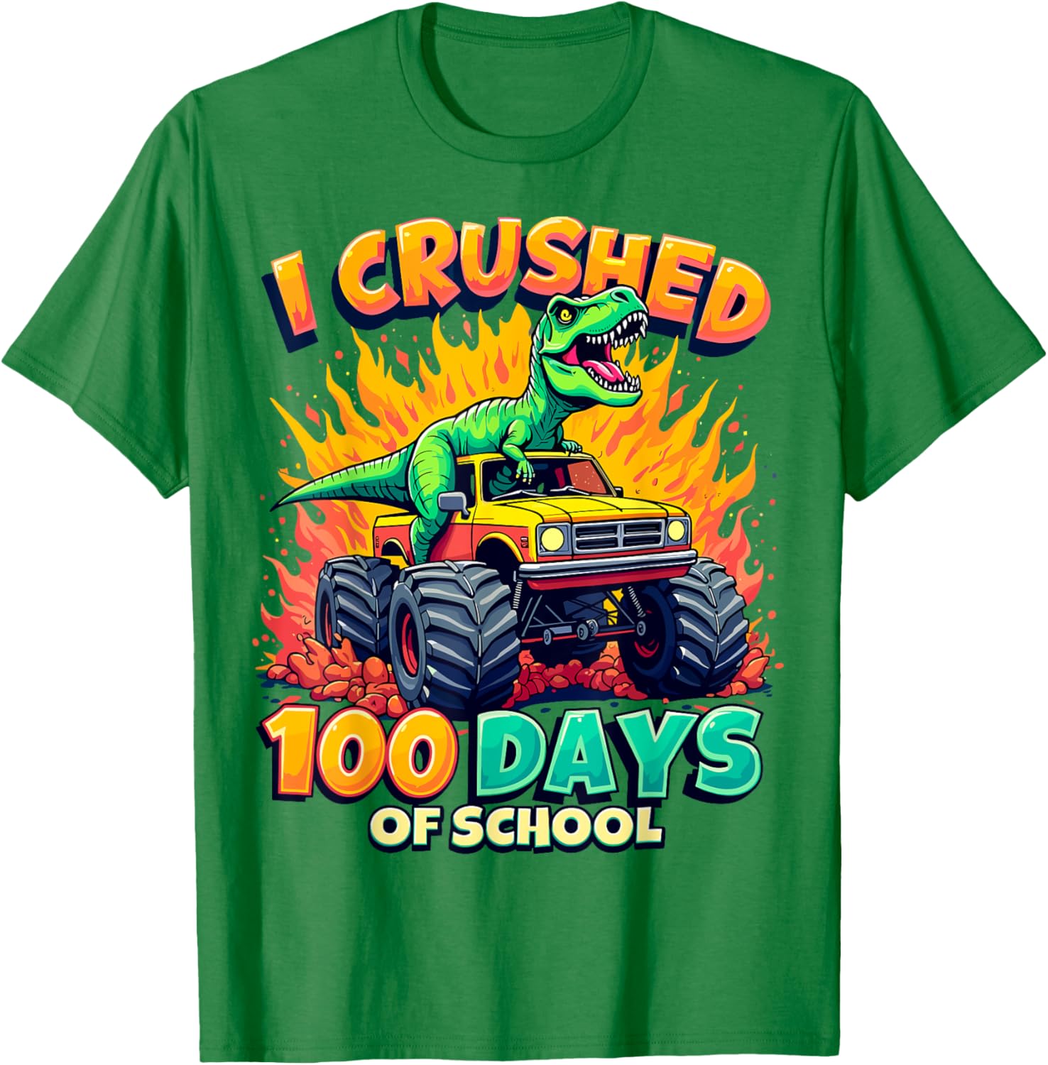 Crushed 100 Days of School Monster Truck Dinosaur T-Shirt for Kids - 17