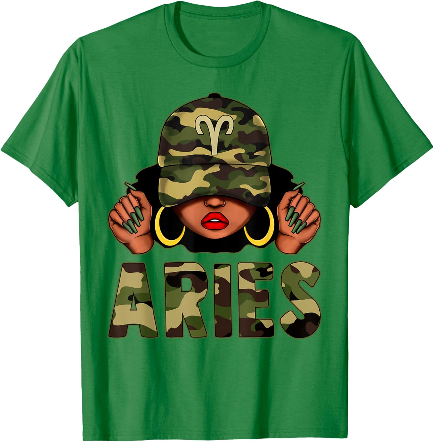 Aries Queen Black Woman Wearing Camo Cap Afro Zodiac T-Shirt - 9