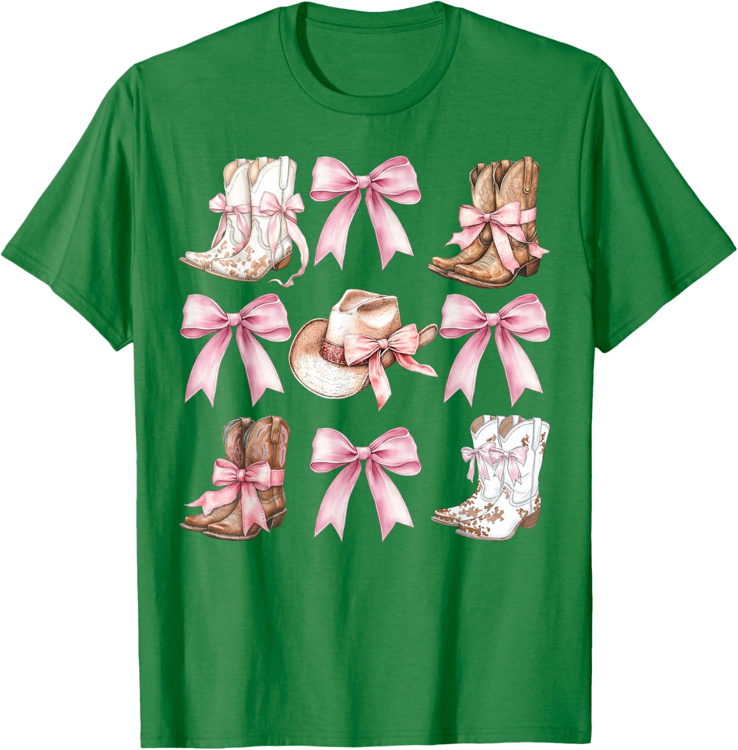 Coquette Cowgirl Boots with Pink Bows Stylish Y2K Womens T-Shirt - 16