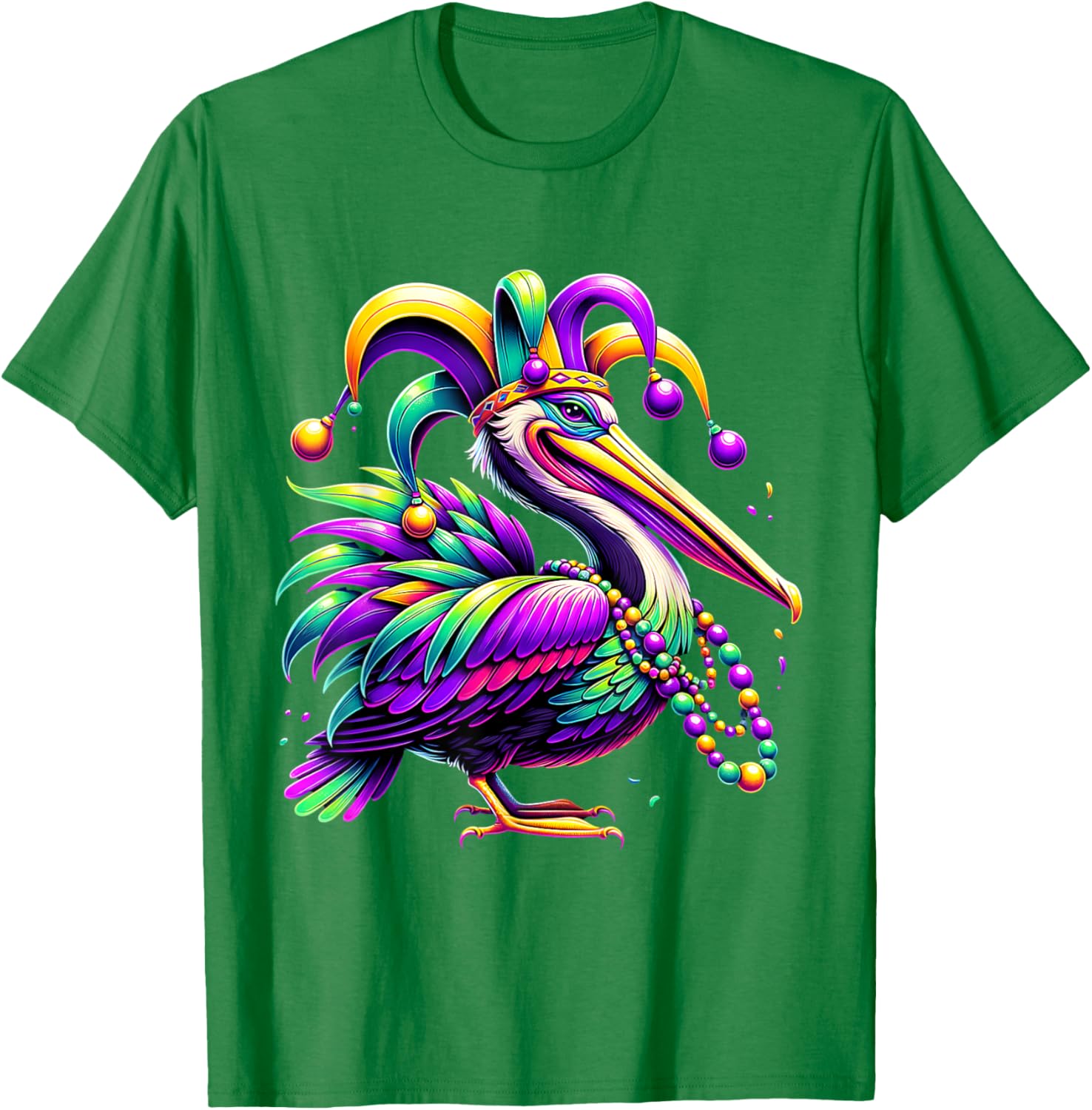 Colorful Mardi Gras Pelican Jester Hat Beads T-Shirt for Festive Fun - 1