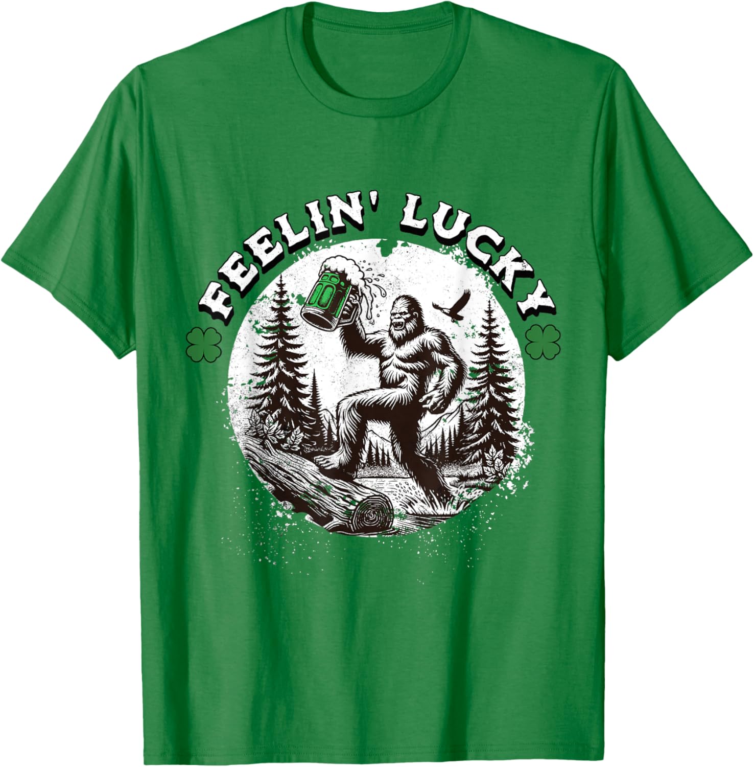 Bigfoot St Patricks Day T-Shirt with Lucky Green Shamrocks Design - 1